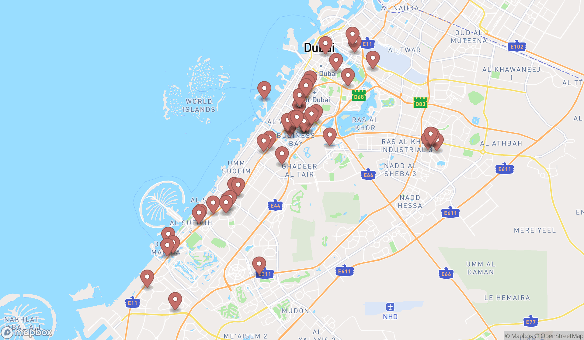 Map showing the search results in Dubai