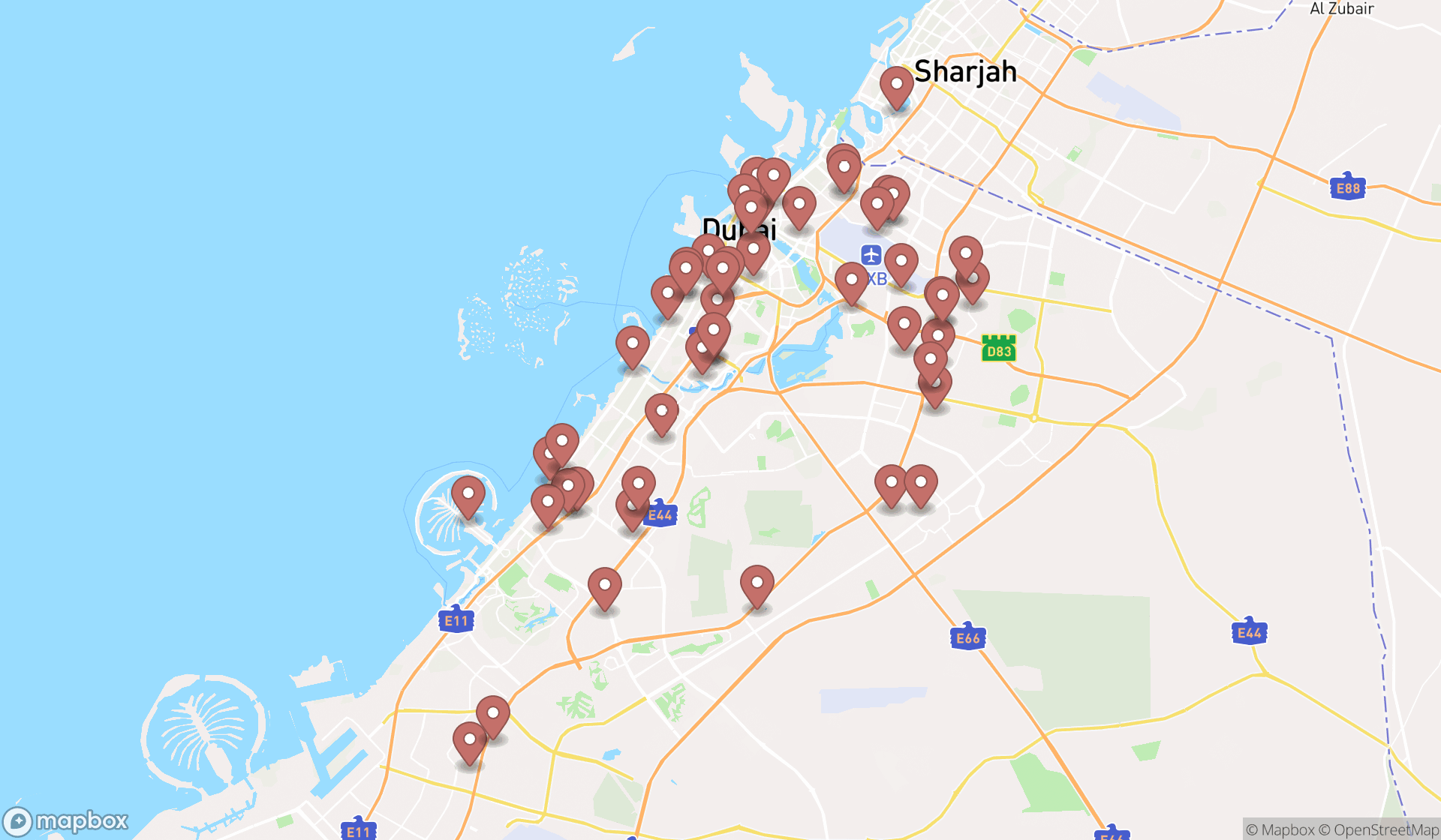 Map showing the search results in Dubai