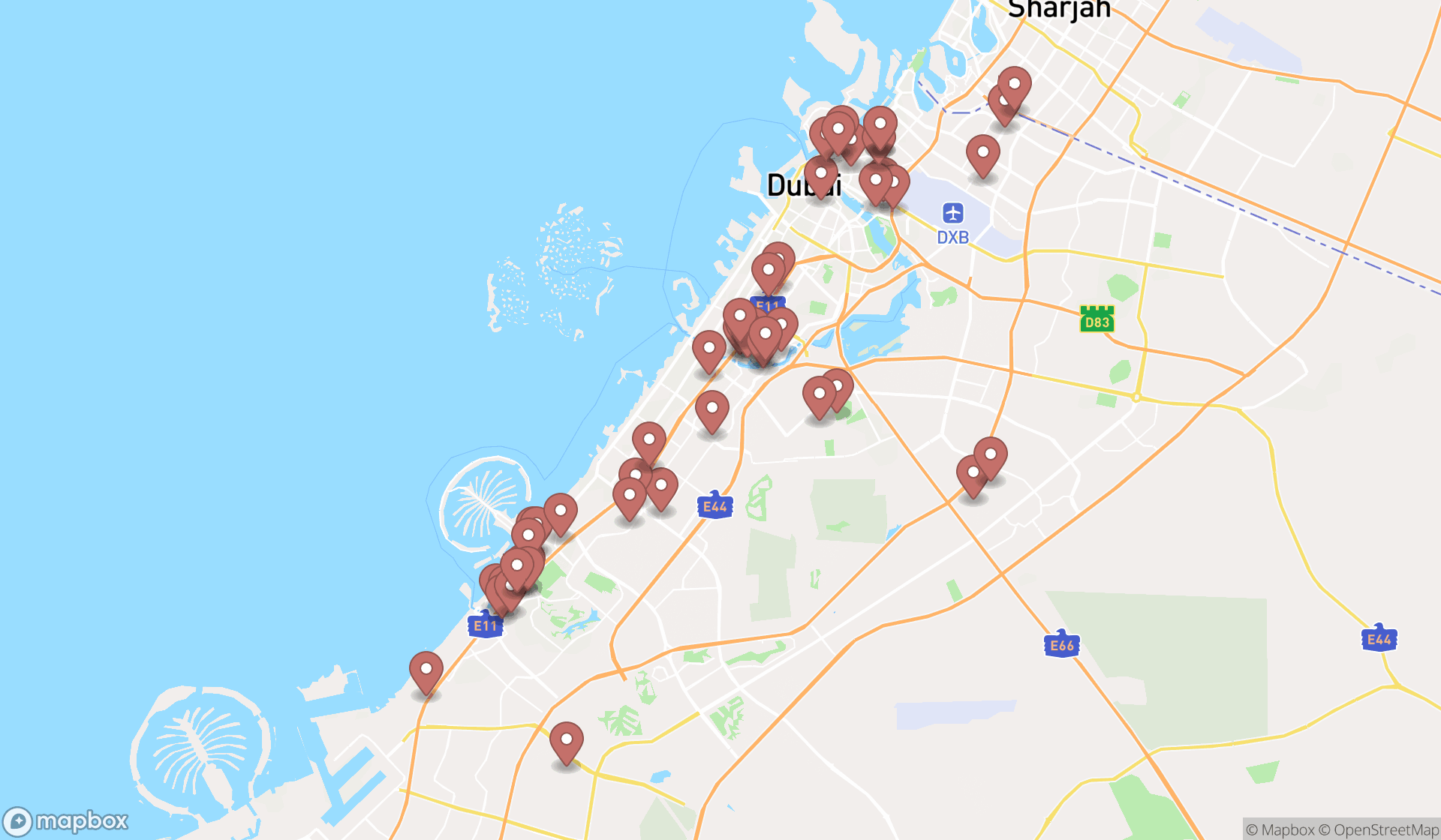 Map showing the search results in Dubai
