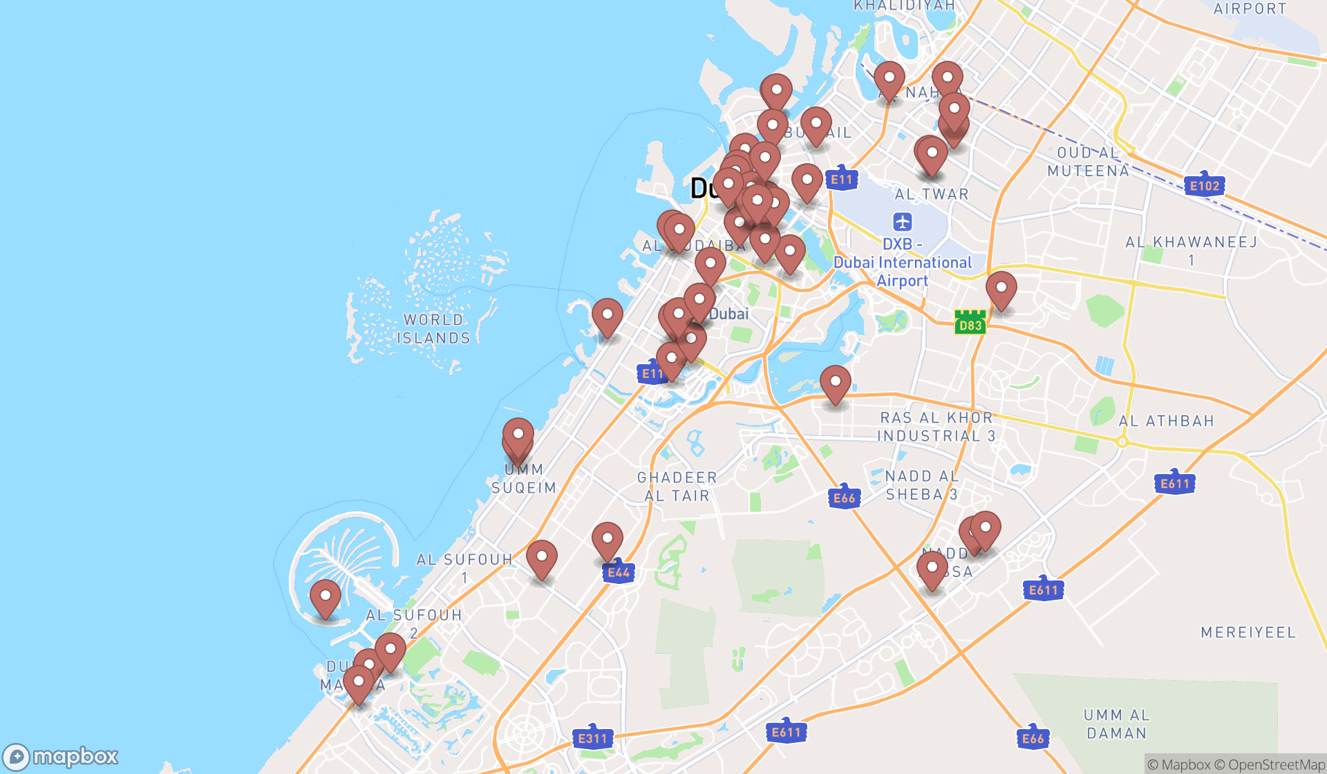 Map showing the search results in Dubai