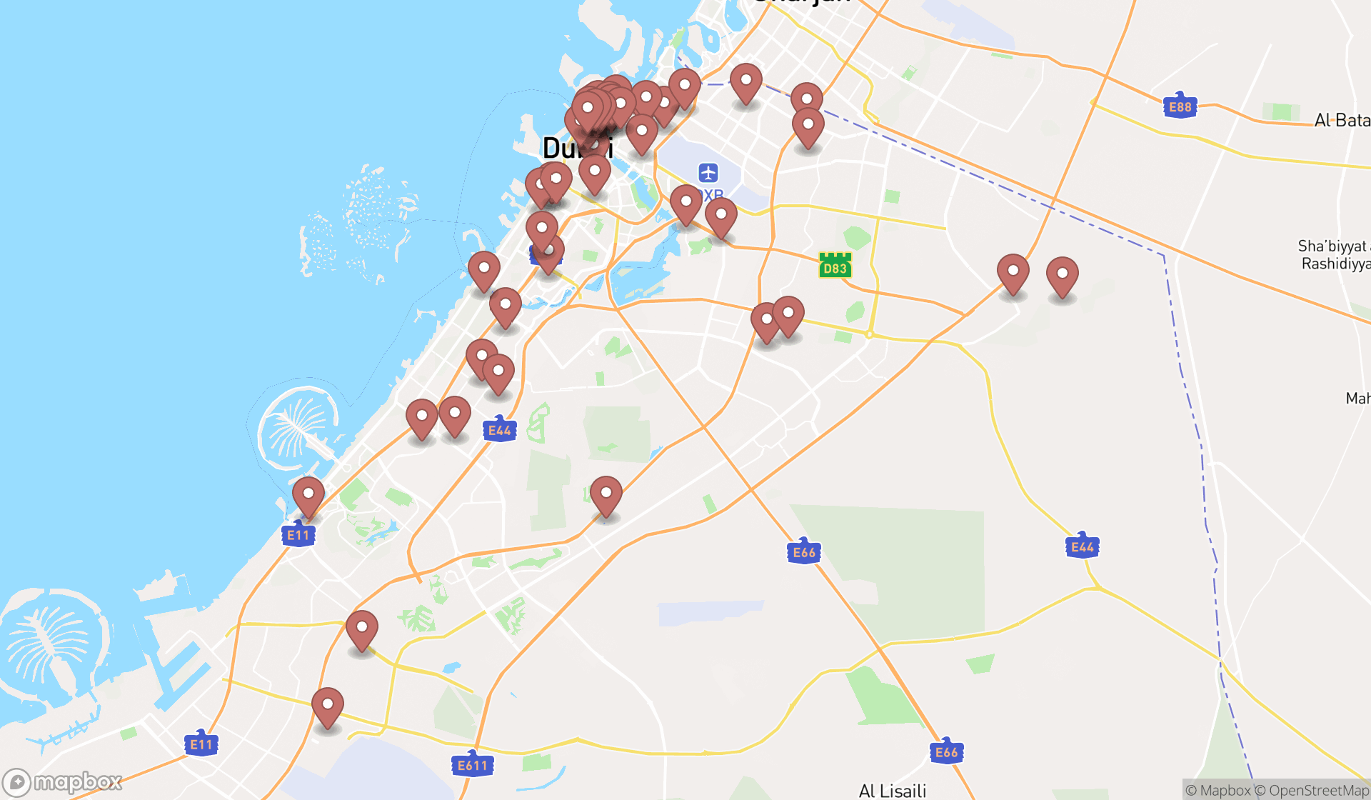 Map showing the search results in Dubai