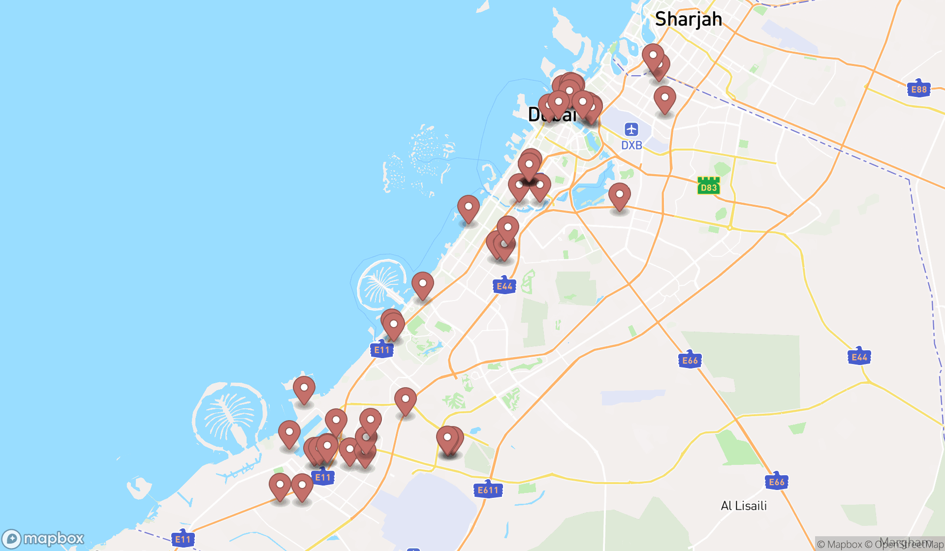 Map showing the search results in Dubai