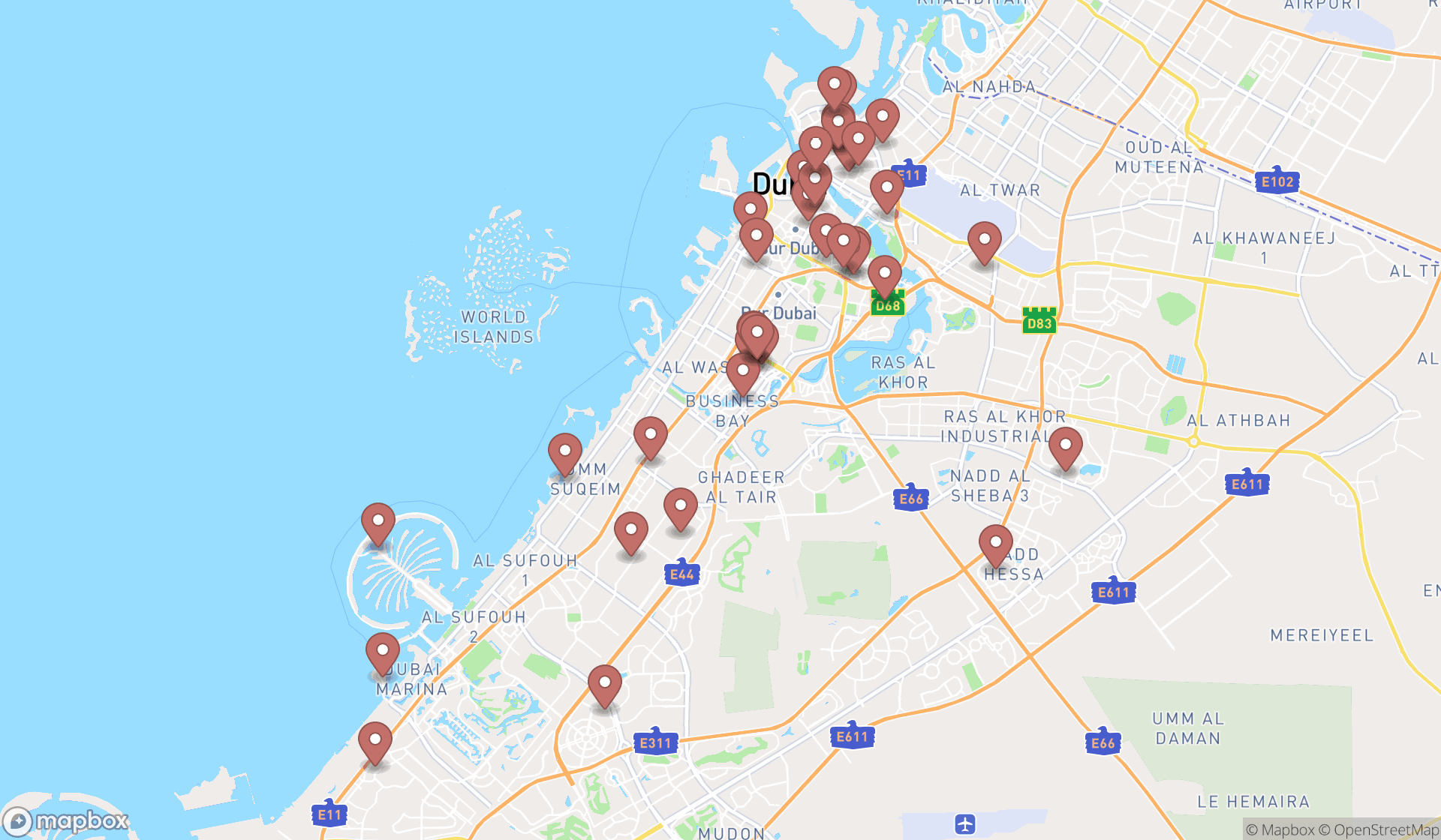 Map showing the search results in Dubai
