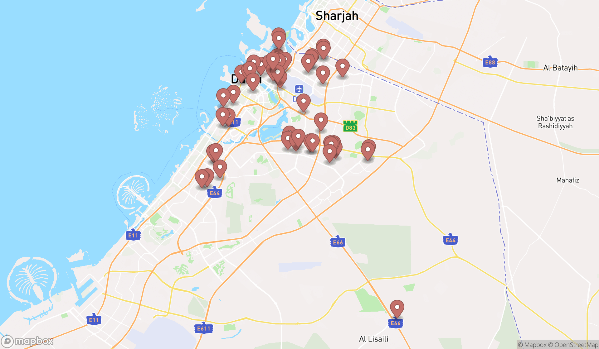 Map showing the search results in Dubai