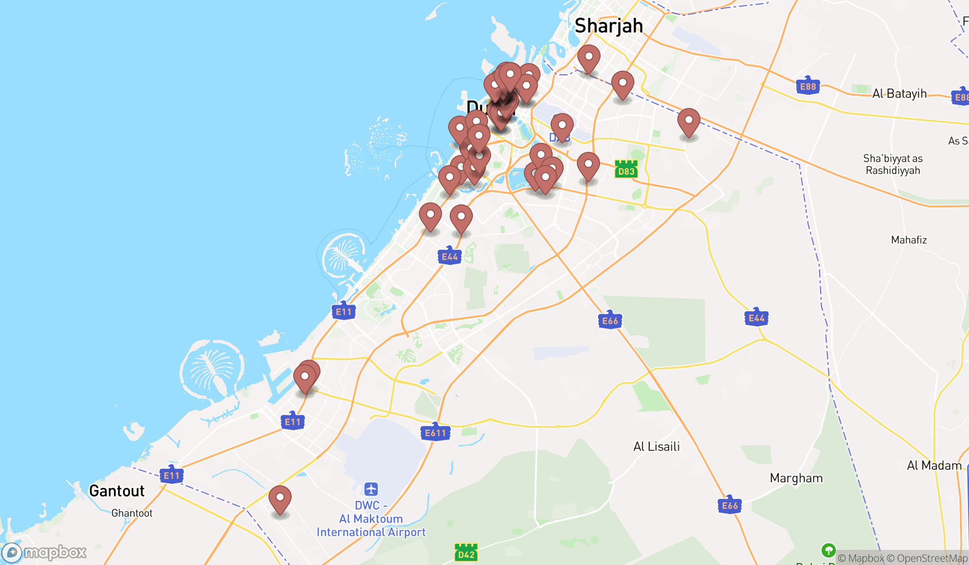 Map showing the search results in Dubai