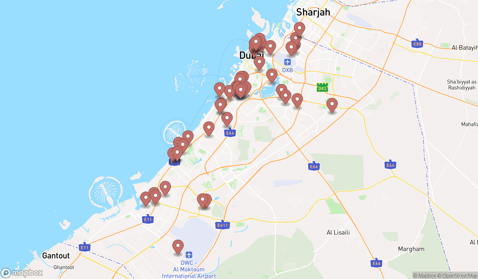 Map showing the search results in Dubai