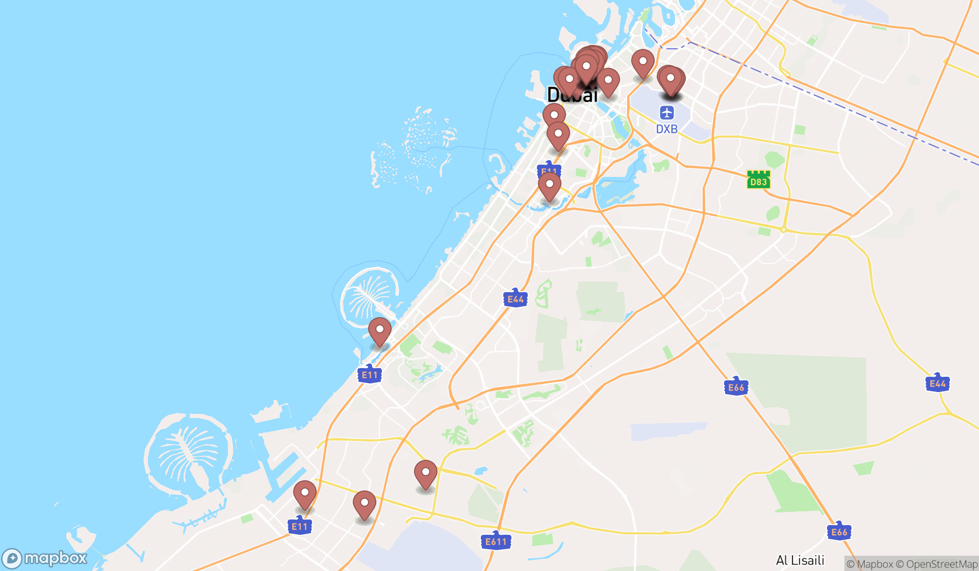 Map showing the search results in Dubai