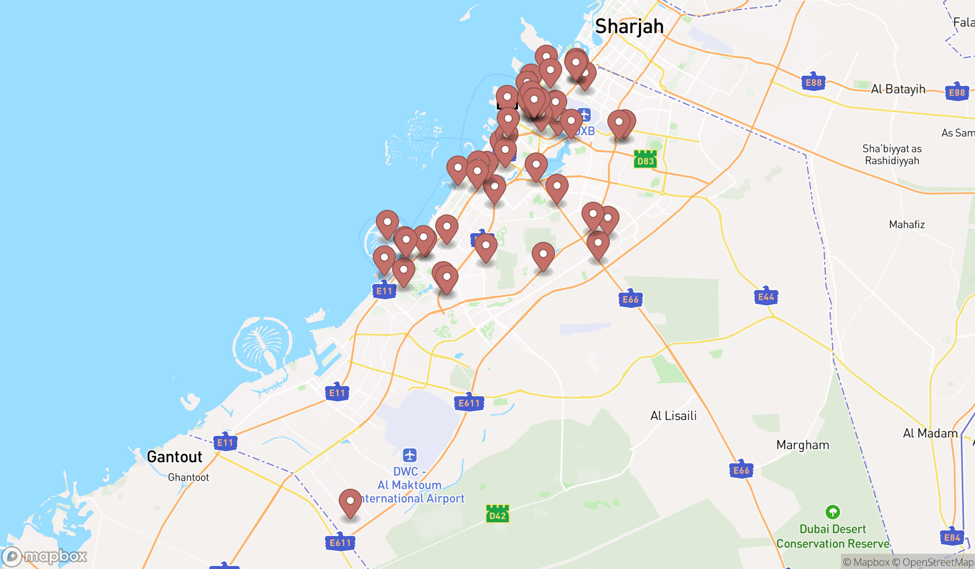 Map showing the search results in Dubai