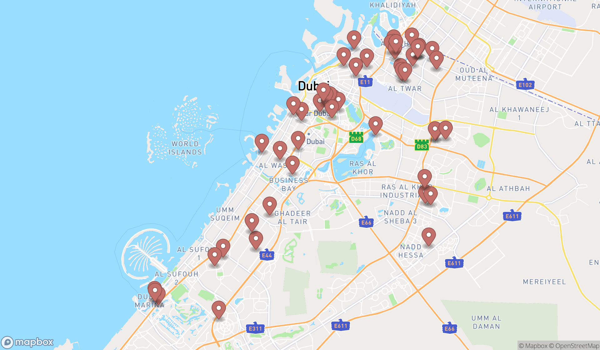 Map showing the search results in Dubai