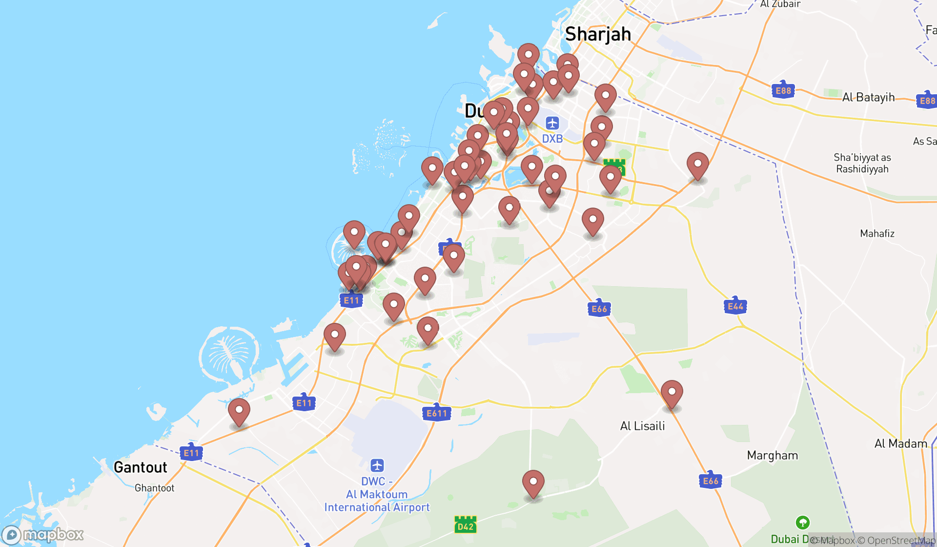 Map showing the search results in Dubai