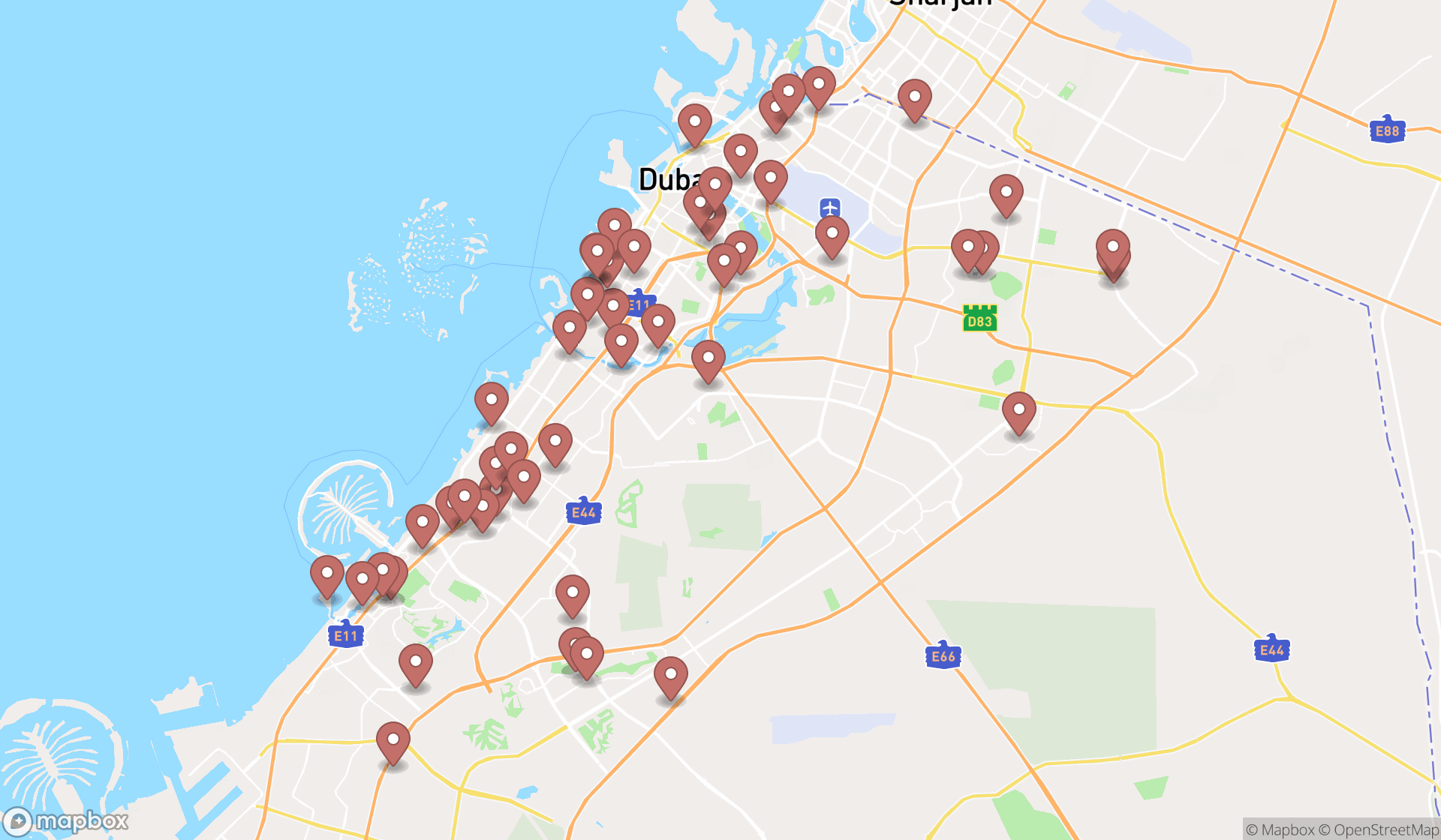 Map showing the search results in Dubai