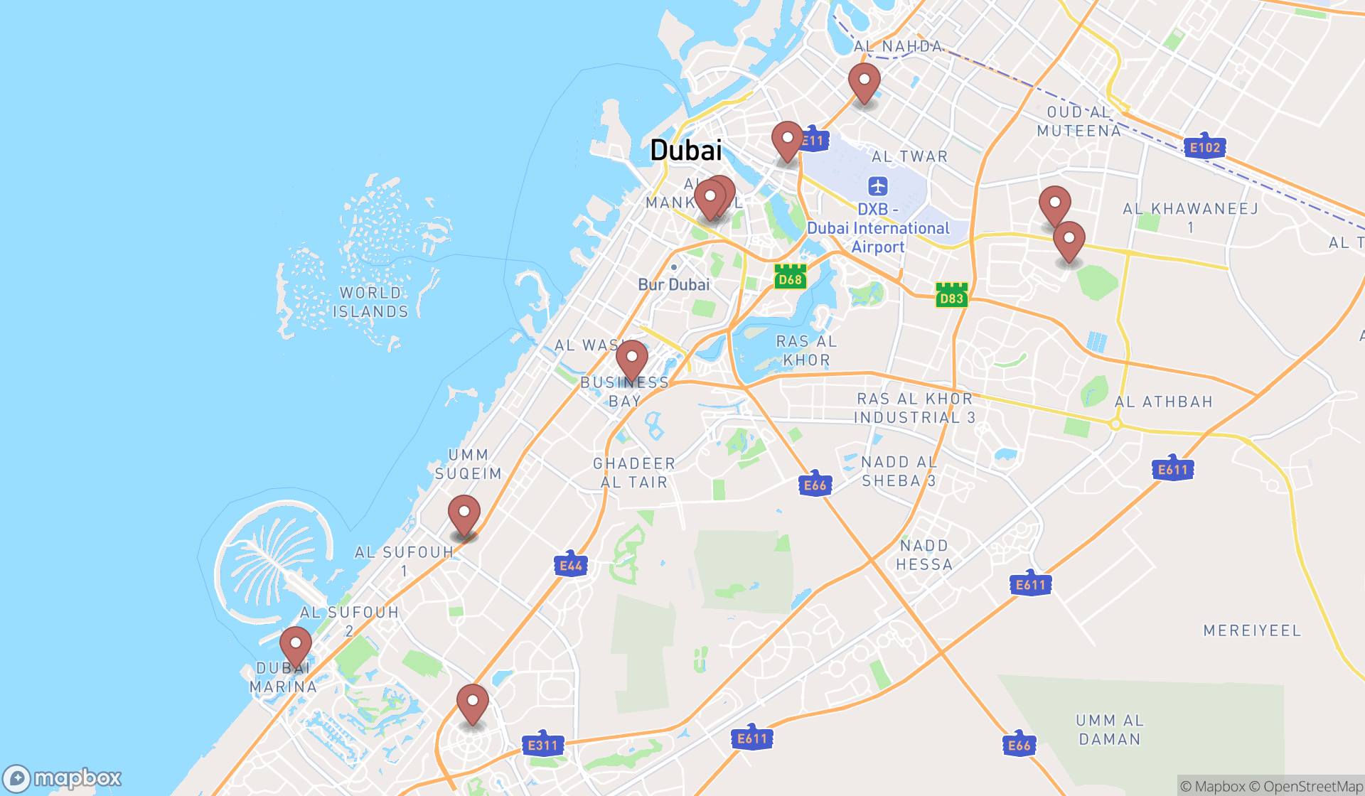 Map showing the search results in Dubai