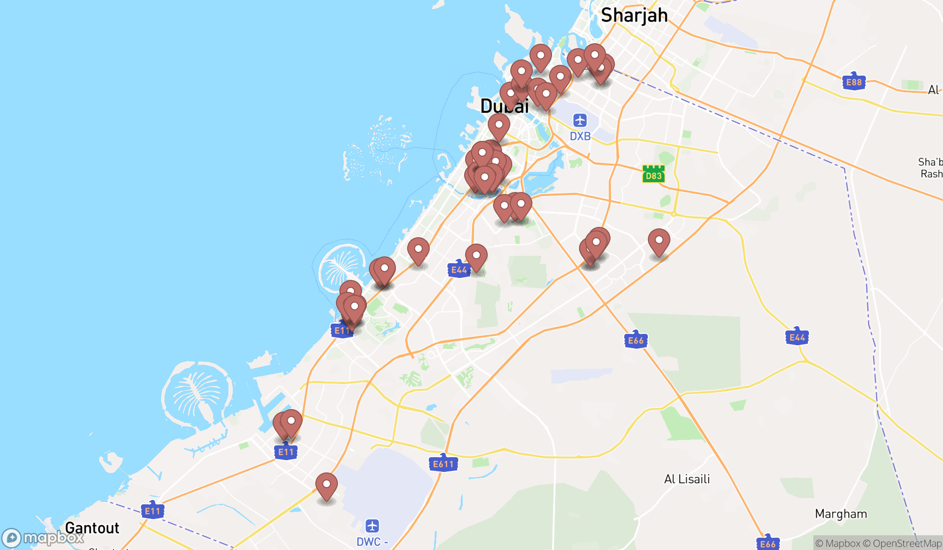Map showing the search results in Dubai