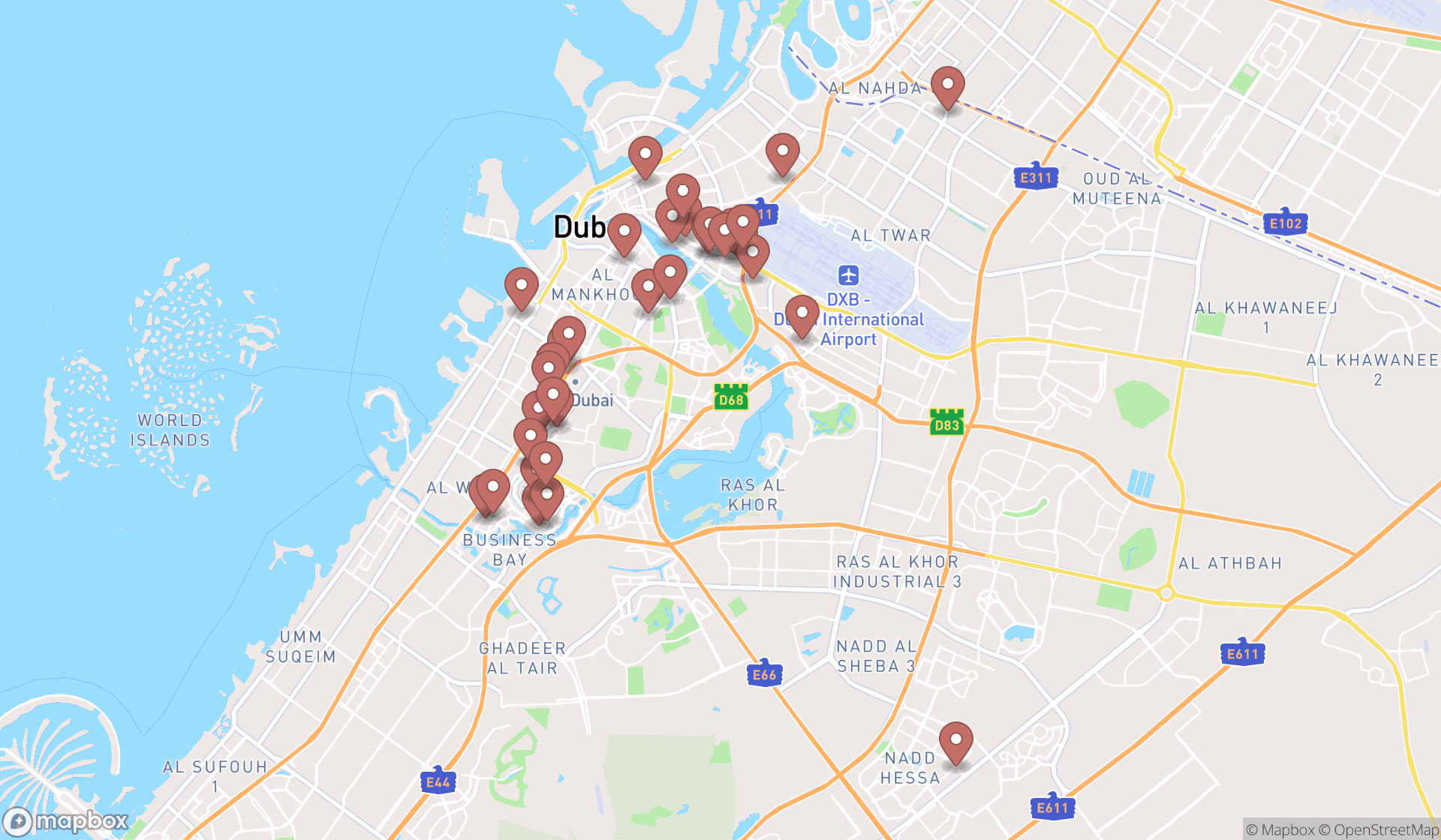 Map showing the search results in Dubai