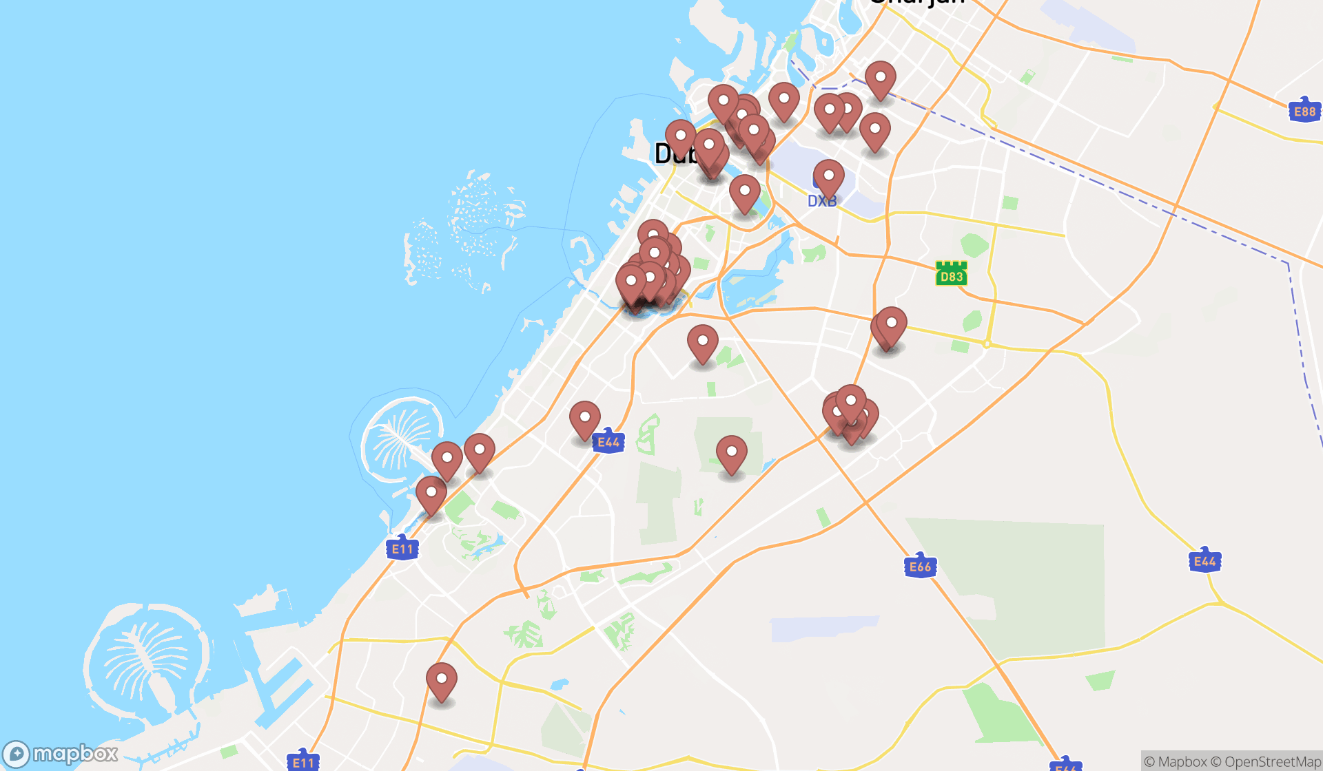 Map showing the search results in Dubai