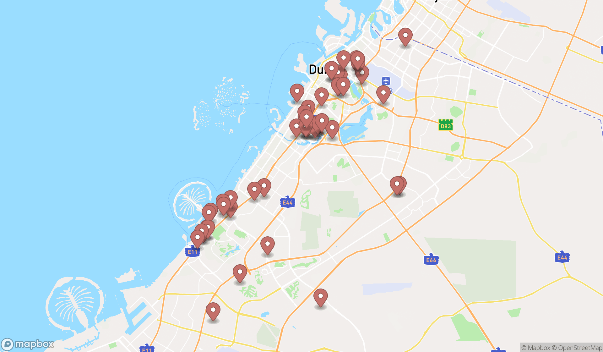Map showing the search results in Dubai