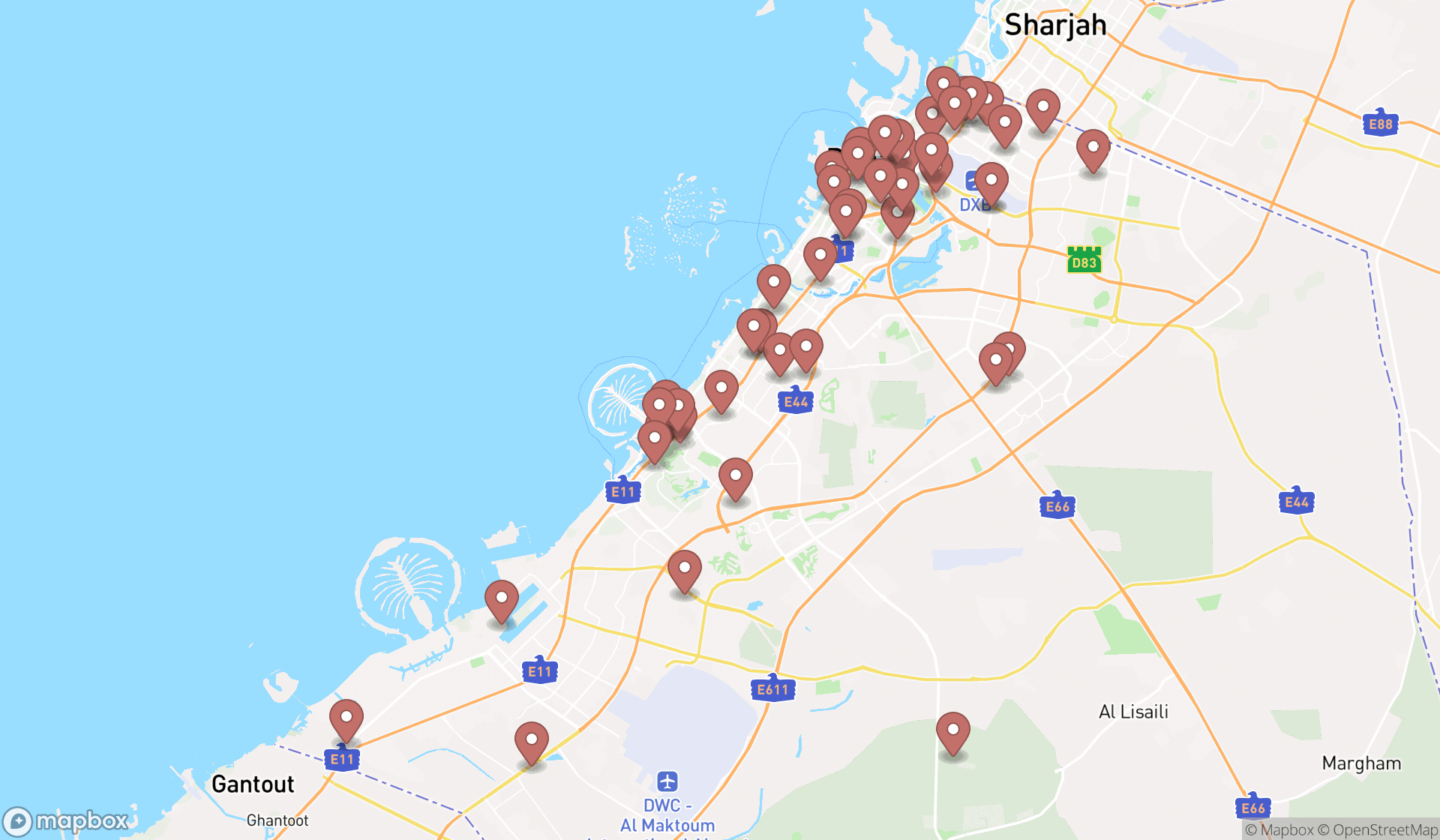 Map showing the search results in Dubai