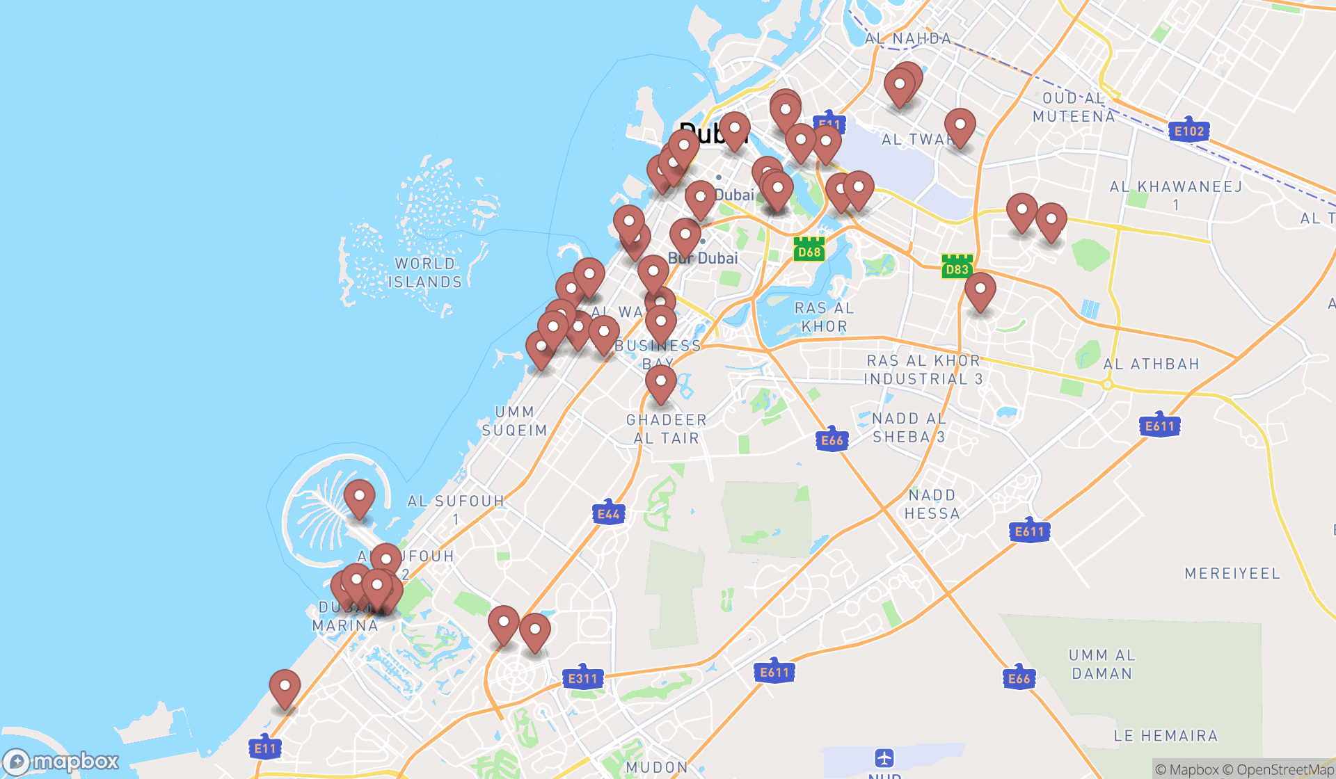 Map showing the search results in Dubai