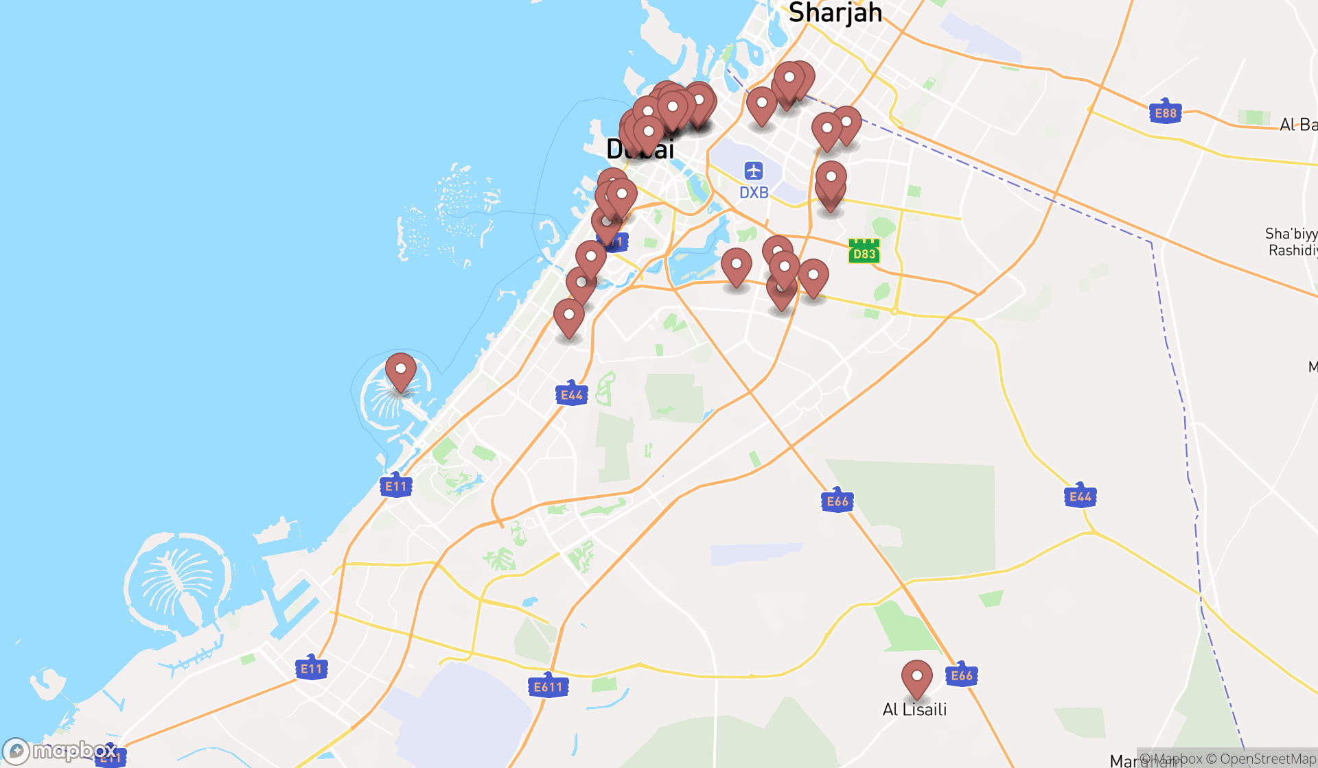 Map showing the search results in Dubai