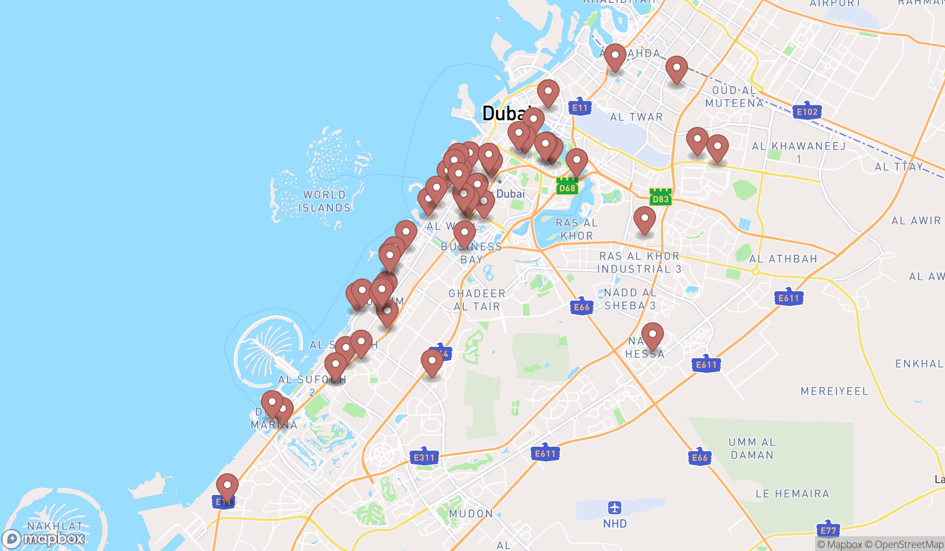 Map showing the search results in Dubai