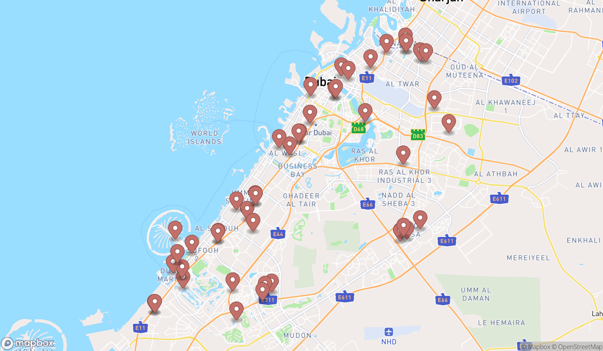 Map showing the search results in Dubai