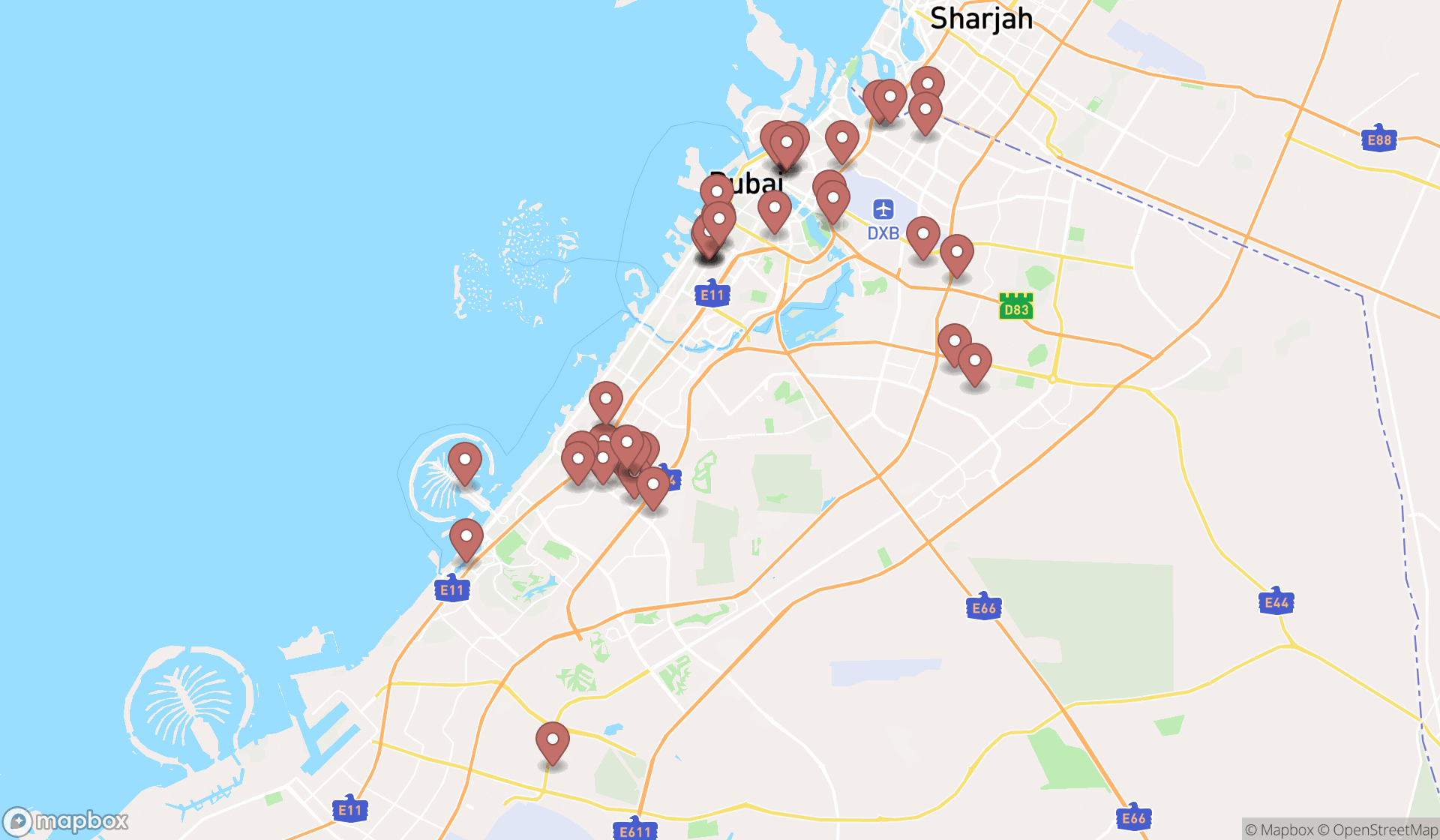 Map showing the search results in Dubai