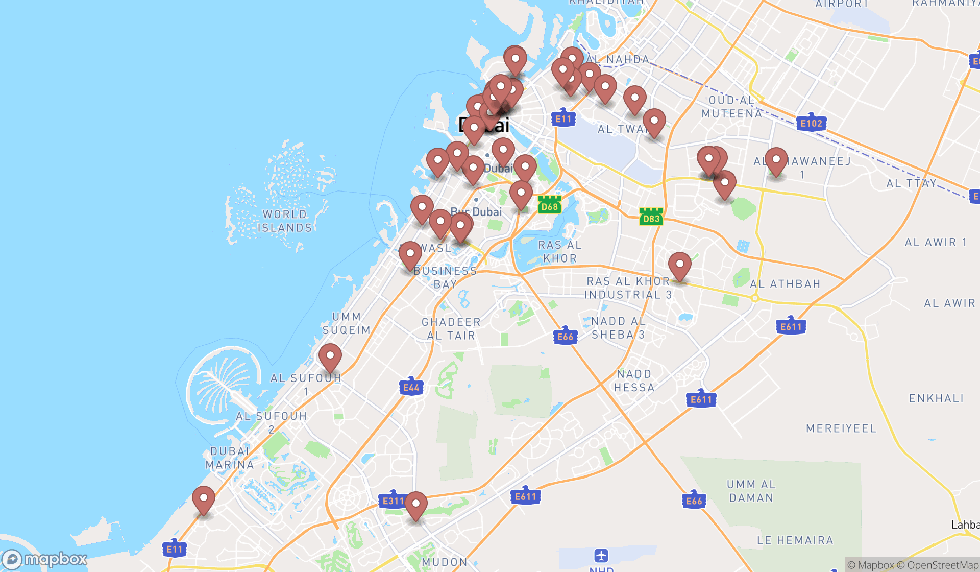 Map showing the search results in Dubai