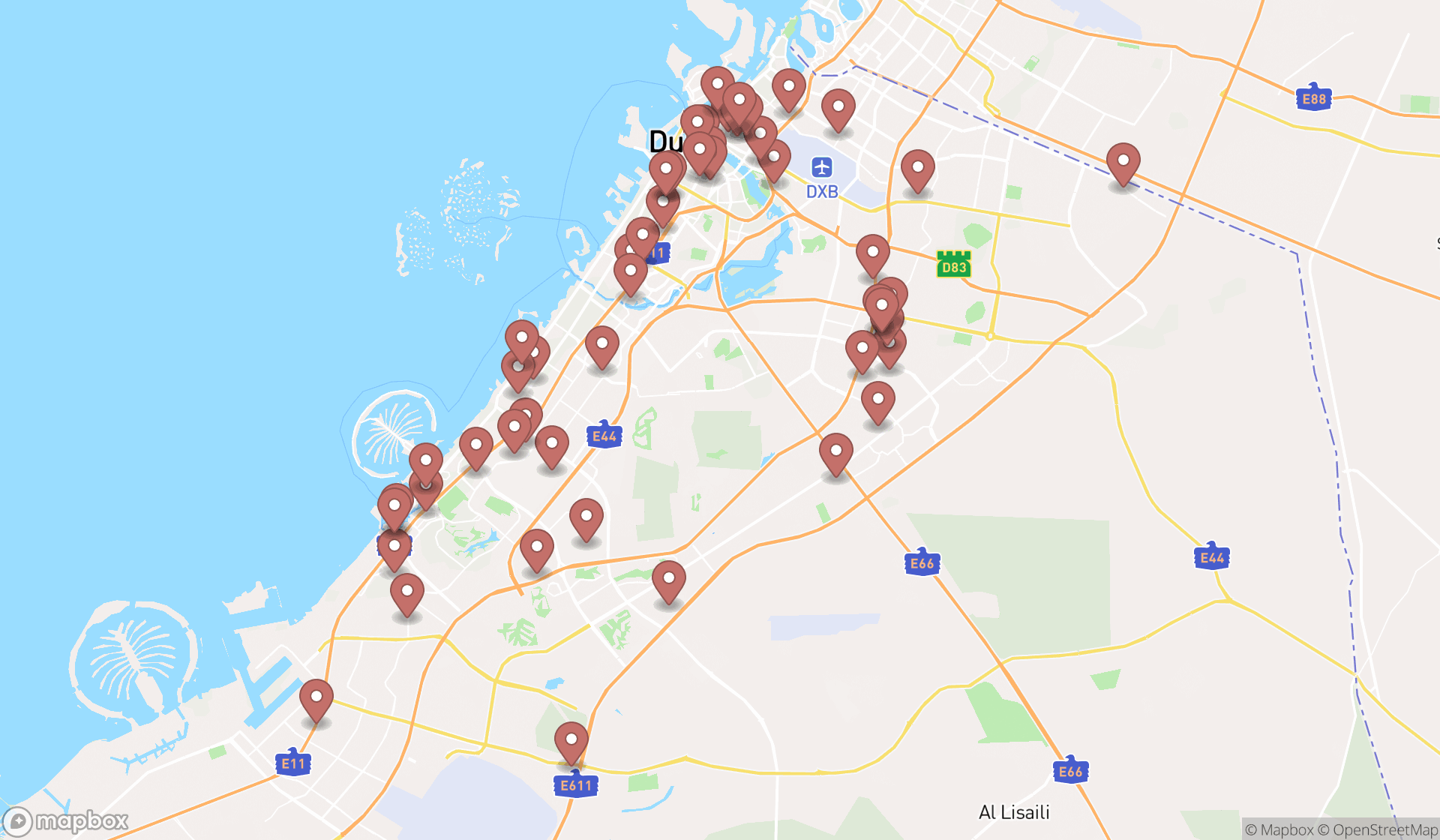 Map showing the search results in Dubai