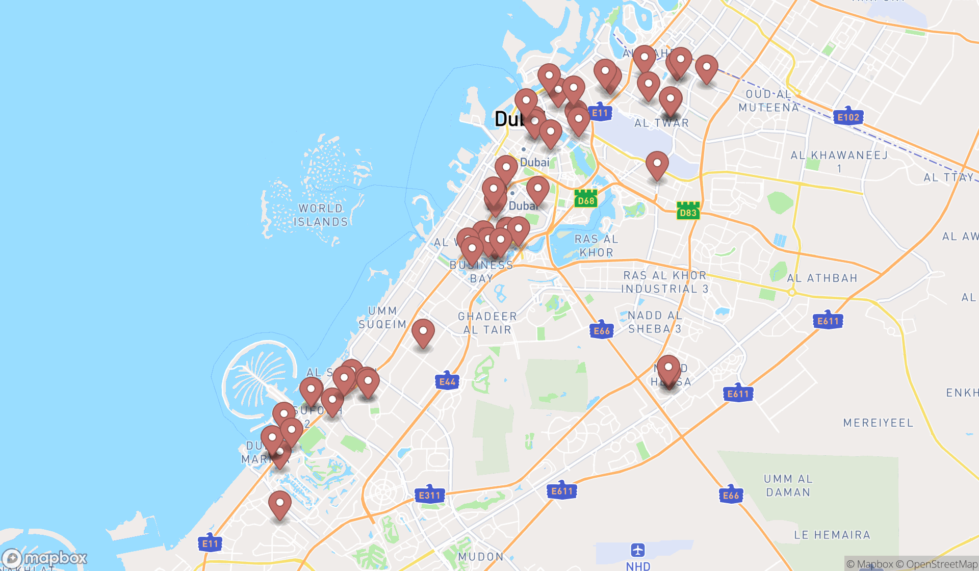 Map showing the search results in Dubai