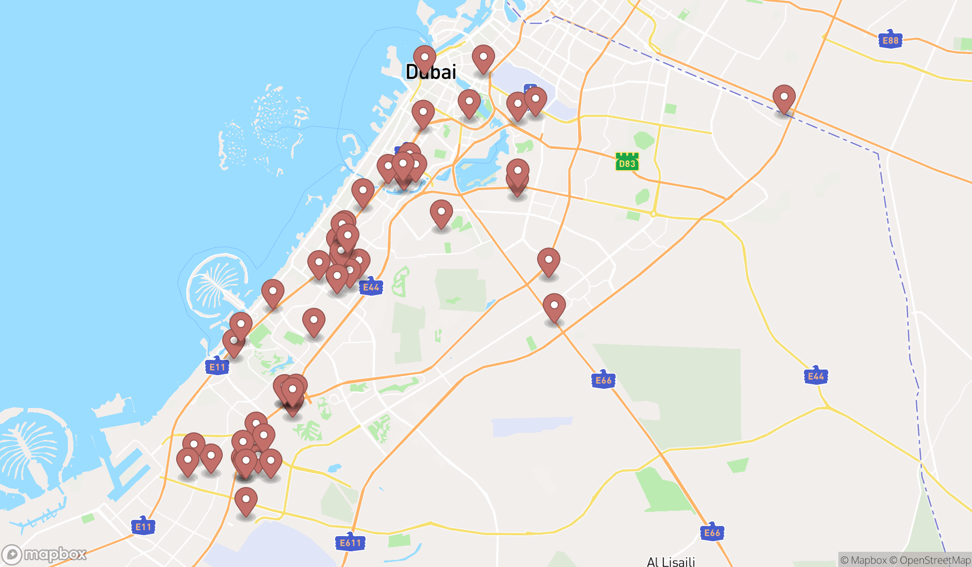 Map showing the search results in Dubai