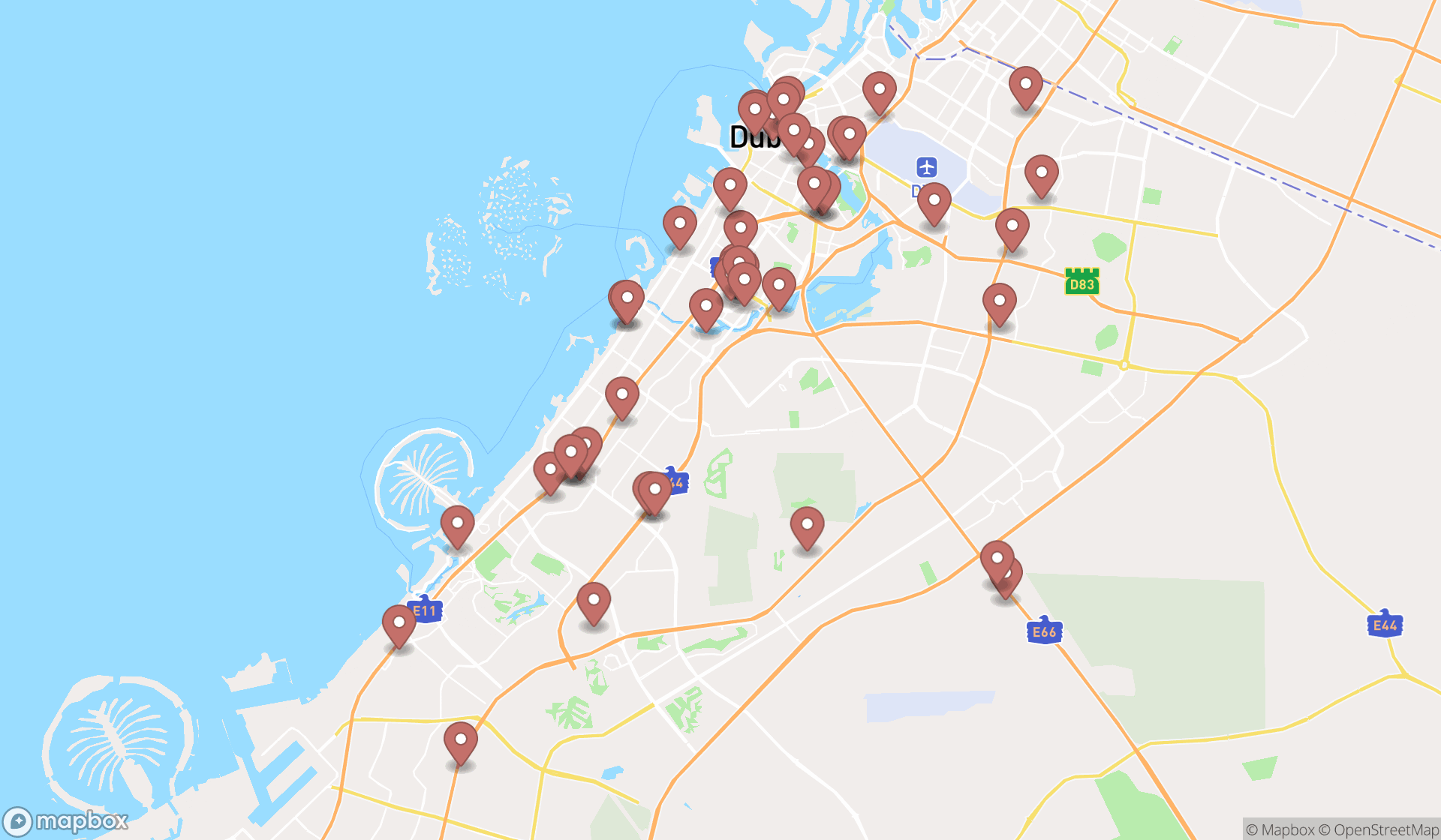 Map showing the search results in Dubai