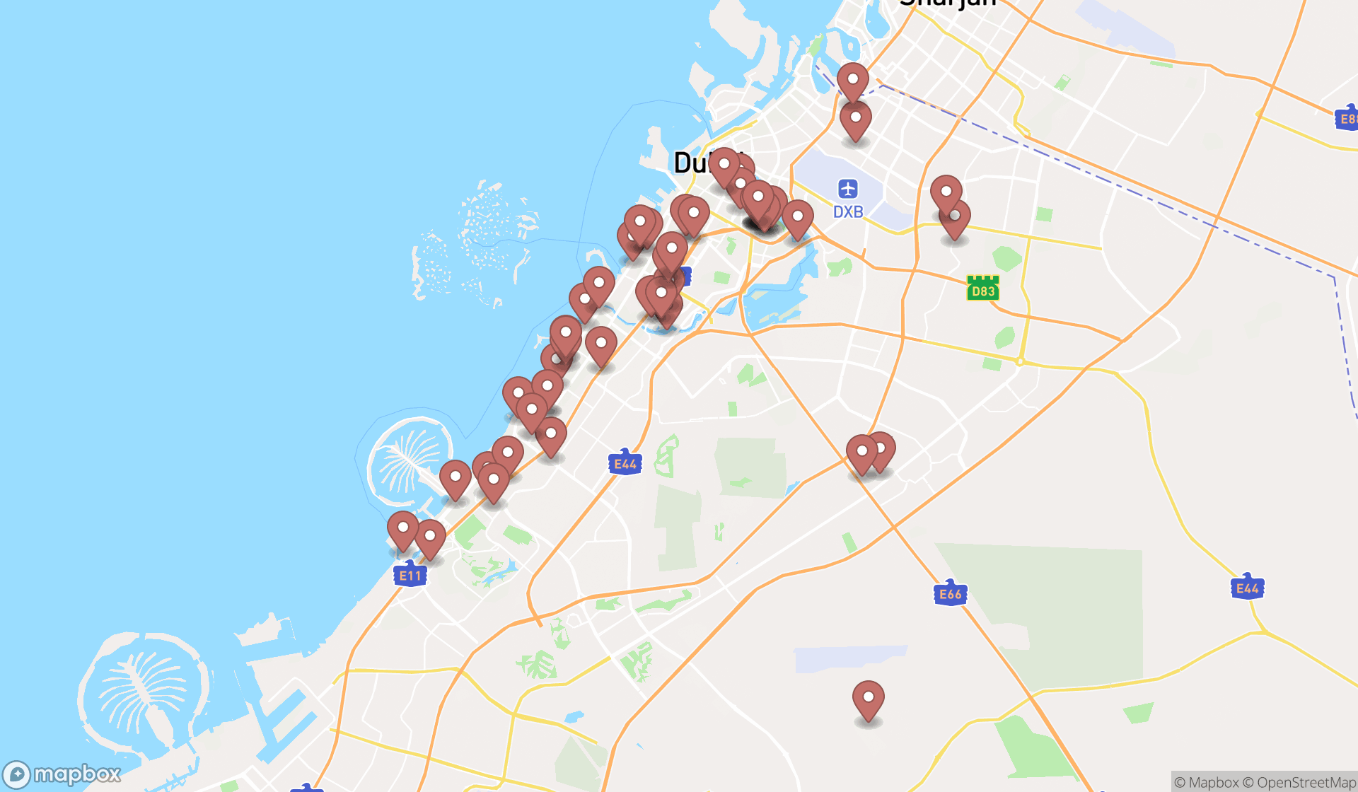 Map showing the search results in Dubai