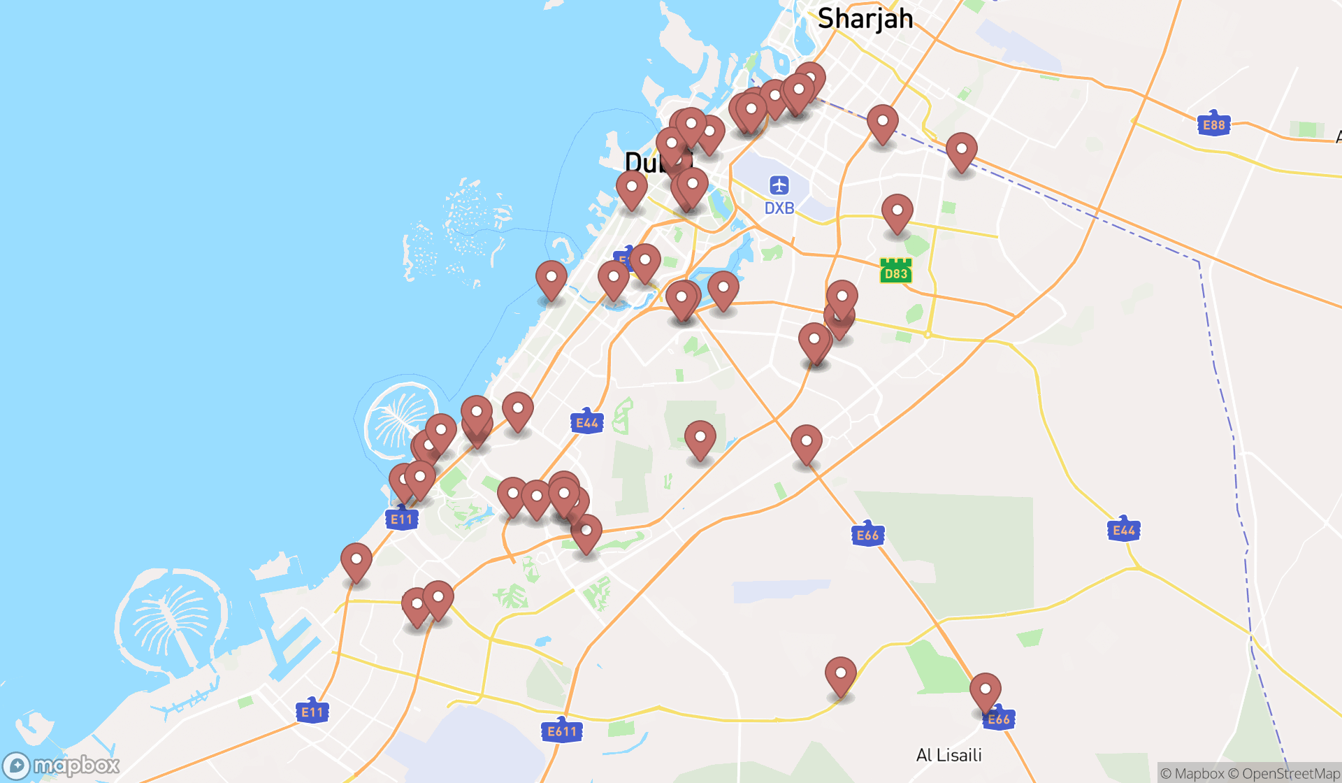 Map showing the search results in Dubai