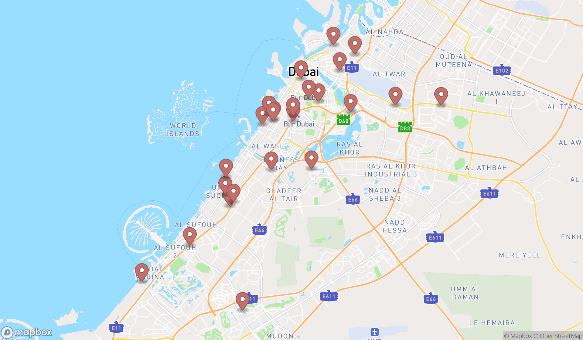 Map showing the search results in Dubai