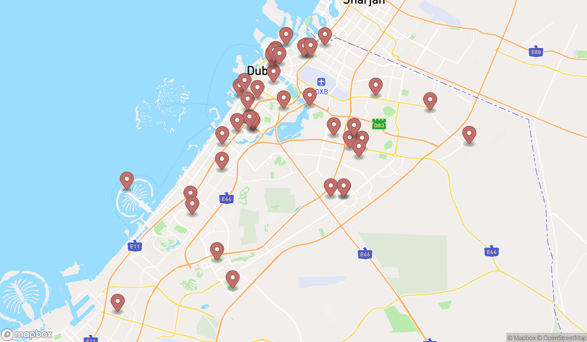 Map showing the search results in Dubai