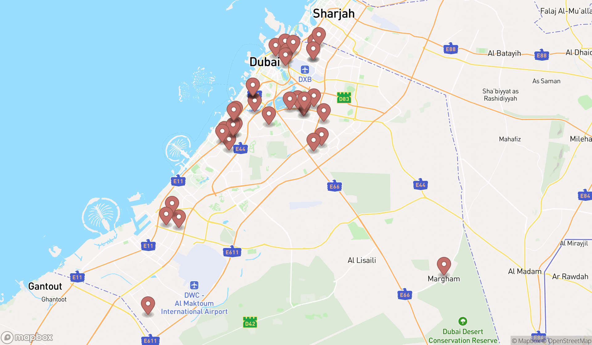 Map showing the search results in Dubai