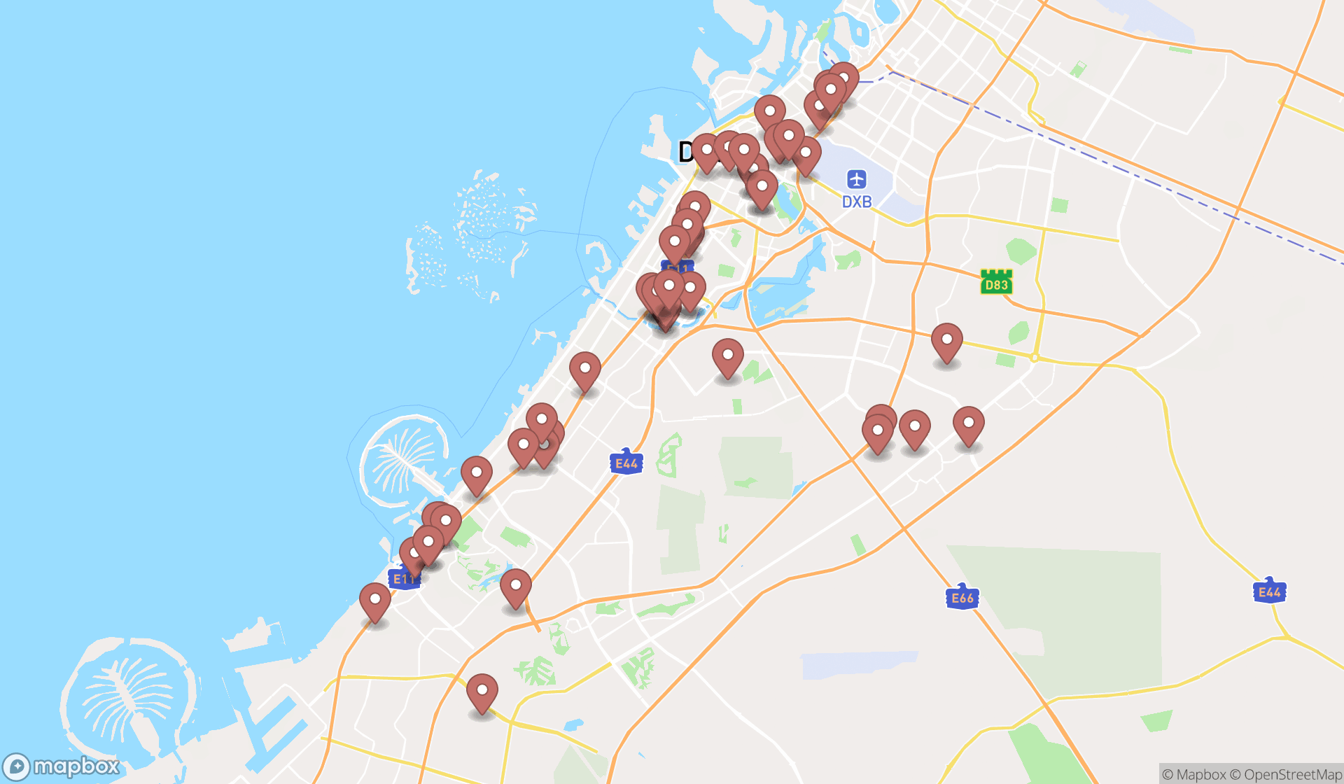 Map showing the search results in Dubai