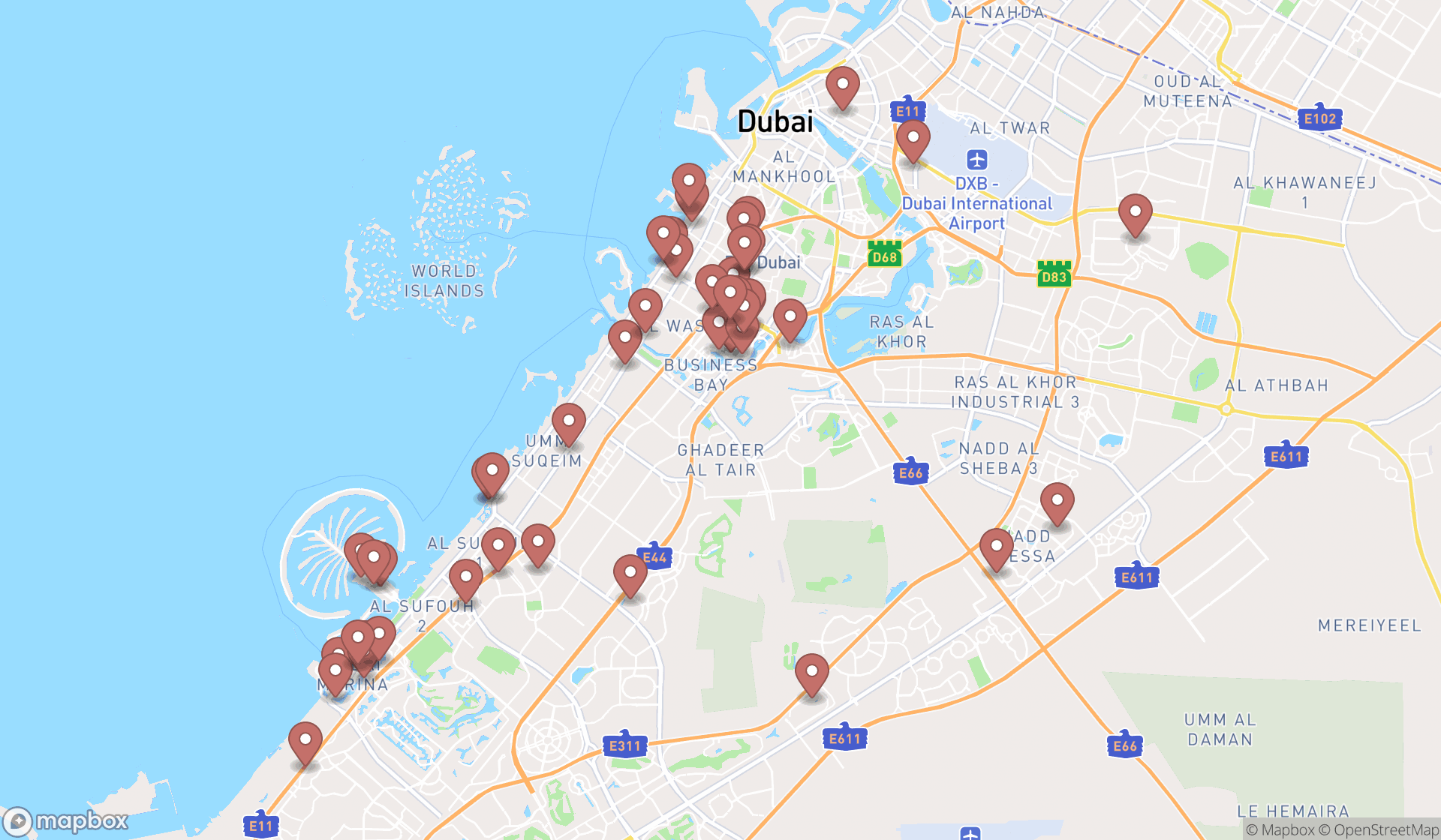 Map showing the search results in Dubai