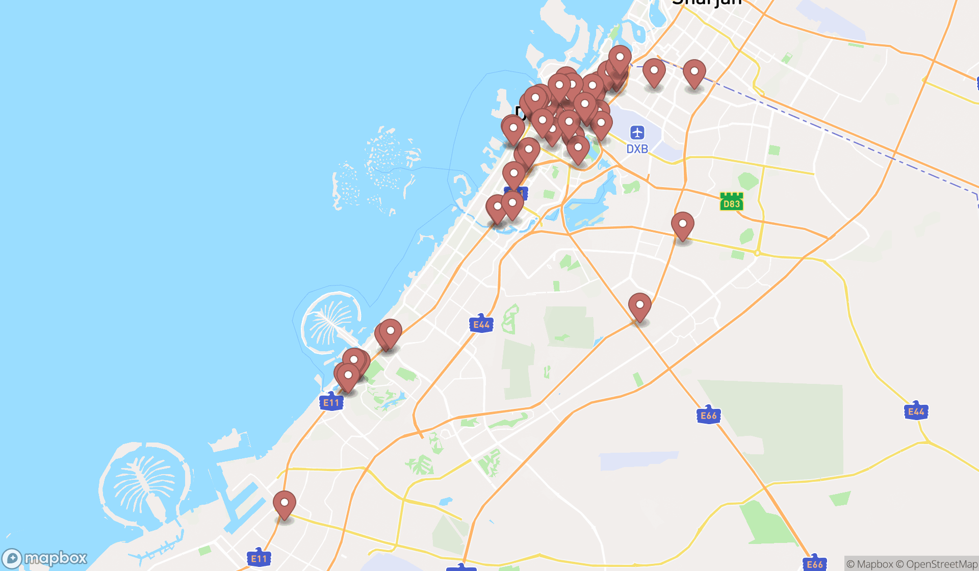 Map showing the search results in Dubai