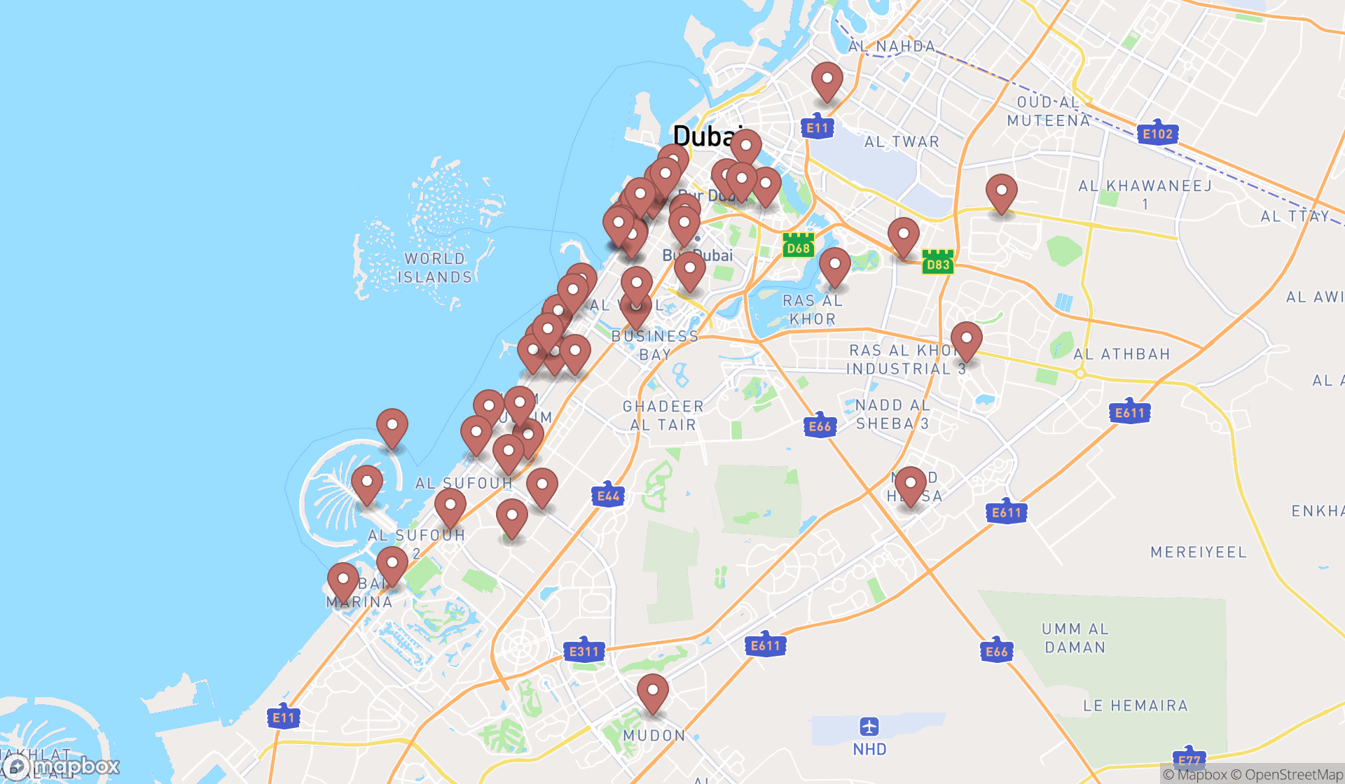Map showing the search results in Dubai