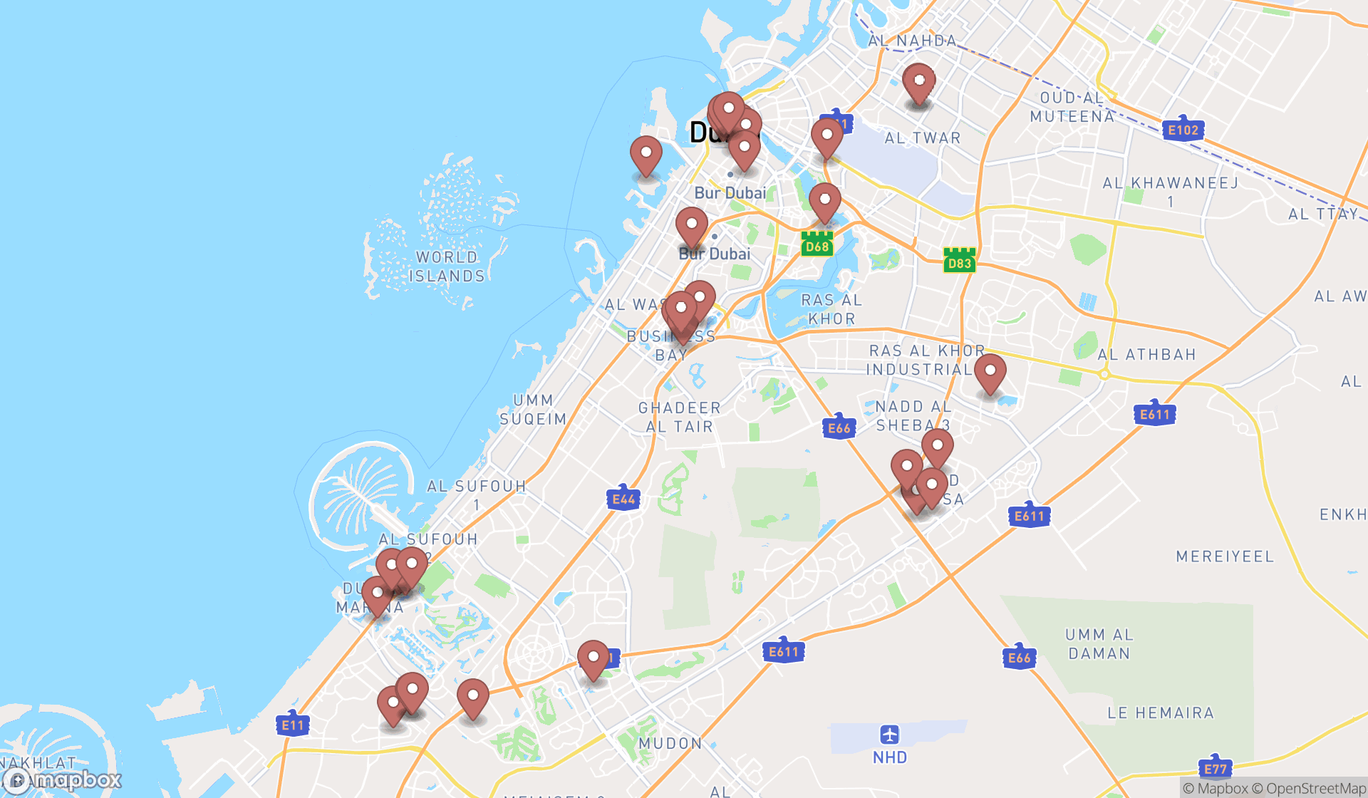 Map showing the search results in Dubai