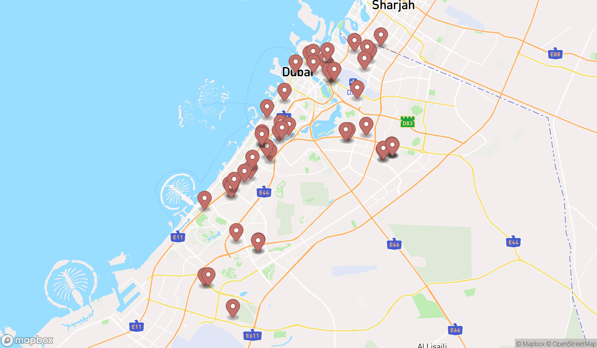 Map showing the search results in Dubai