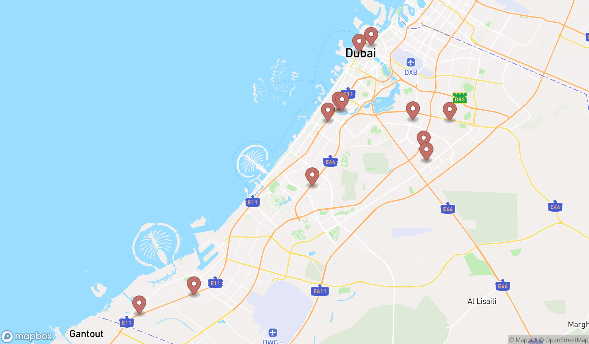 Map showing the search results in Dubai
