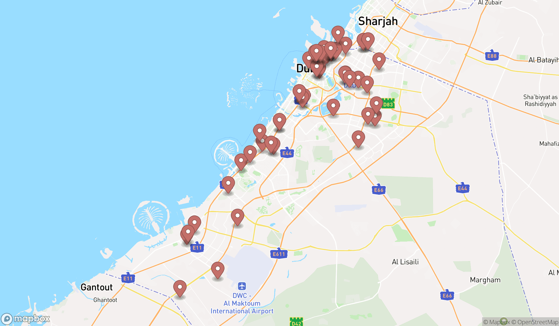 Map showing the search results in Dubai