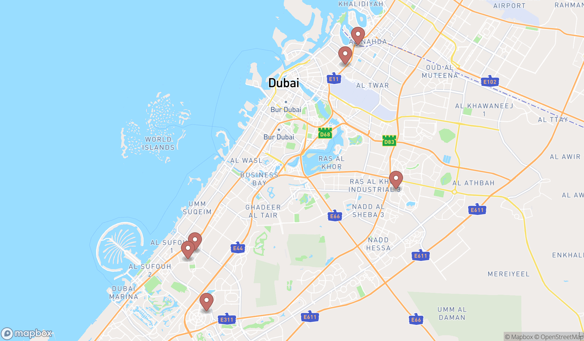 Map showing the search results in Dubai