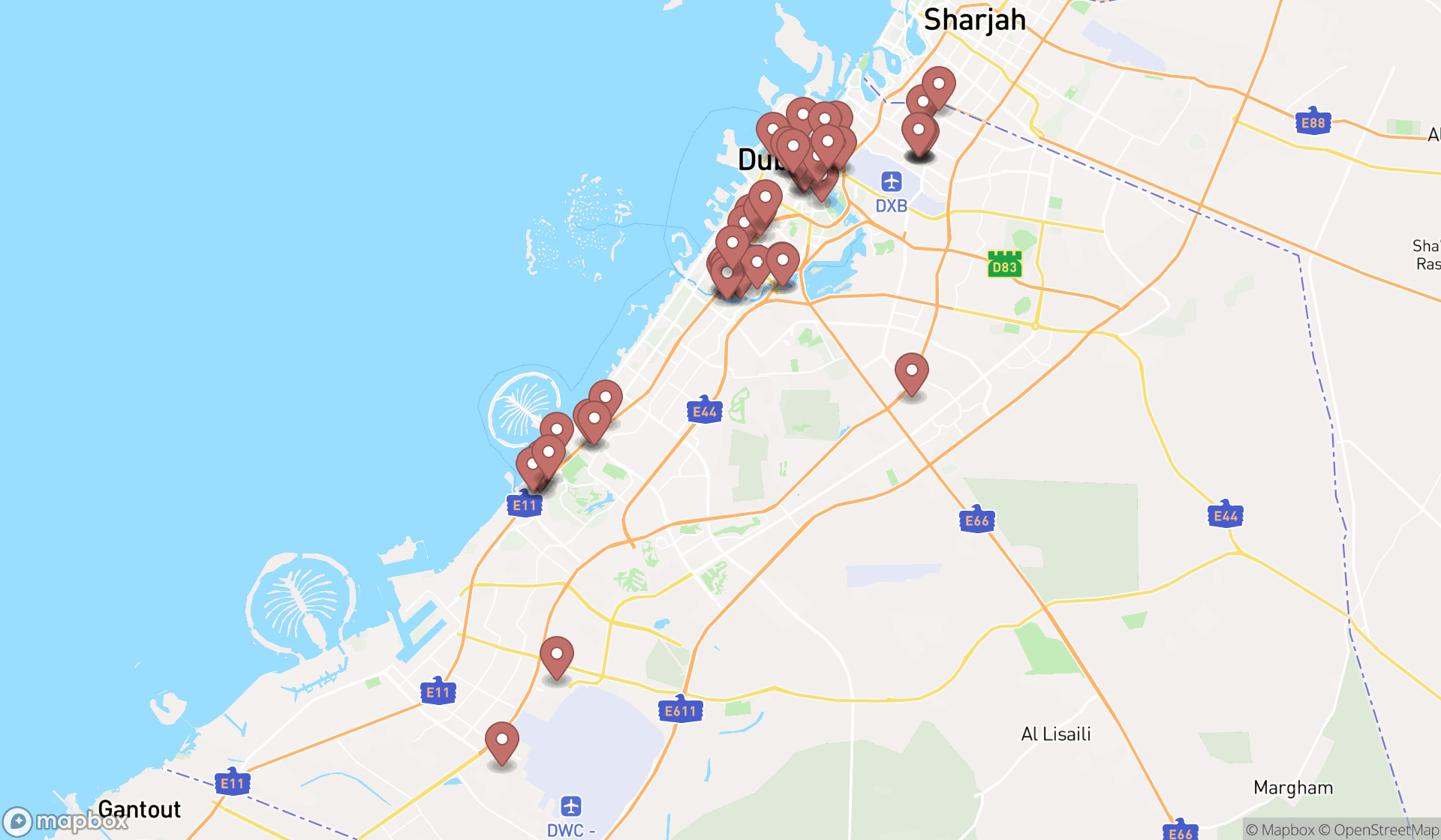 Map showing the search results in Dubai