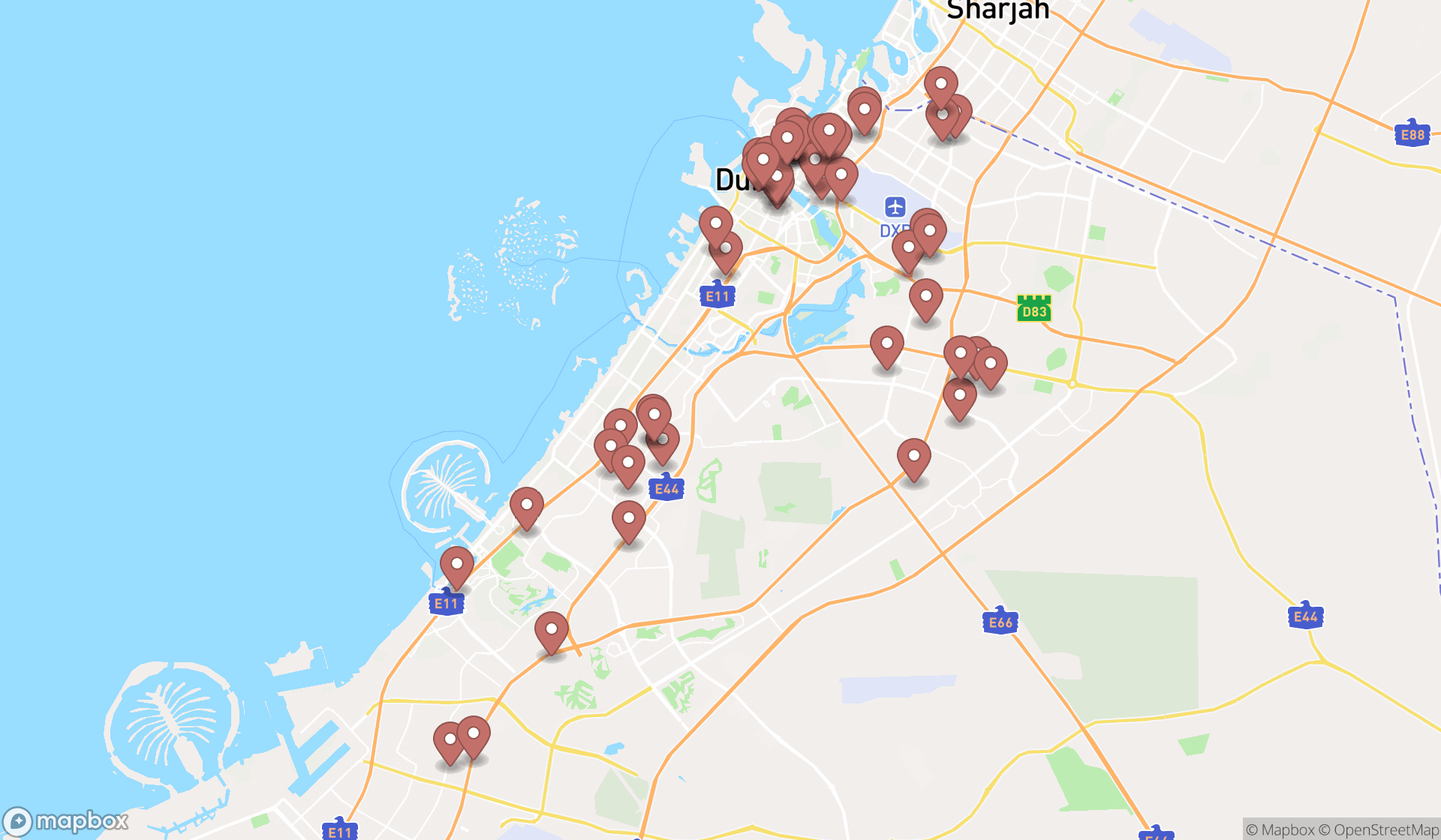 Map showing the search results in Dubai
