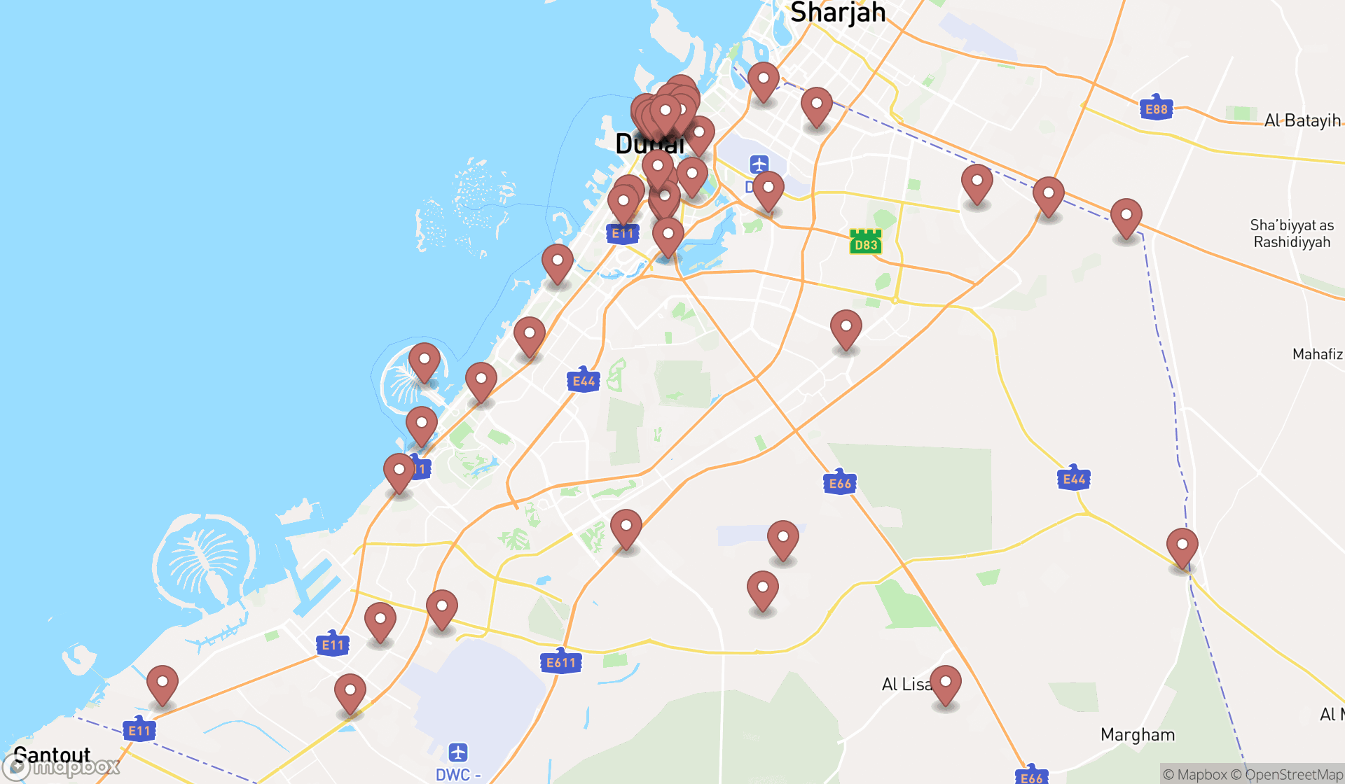 Map showing the search results in Dubai