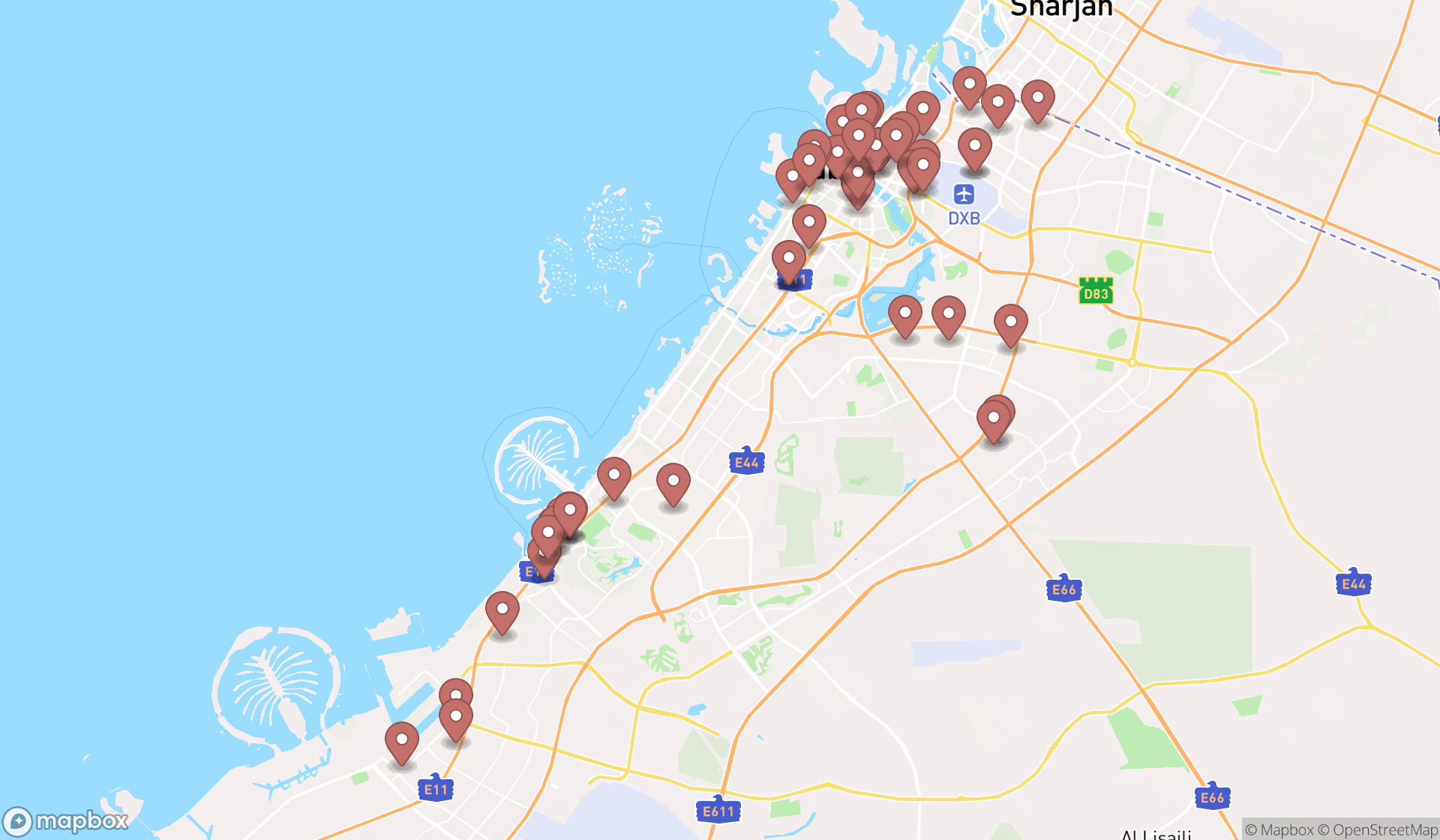 Map showing the search results in Dubai