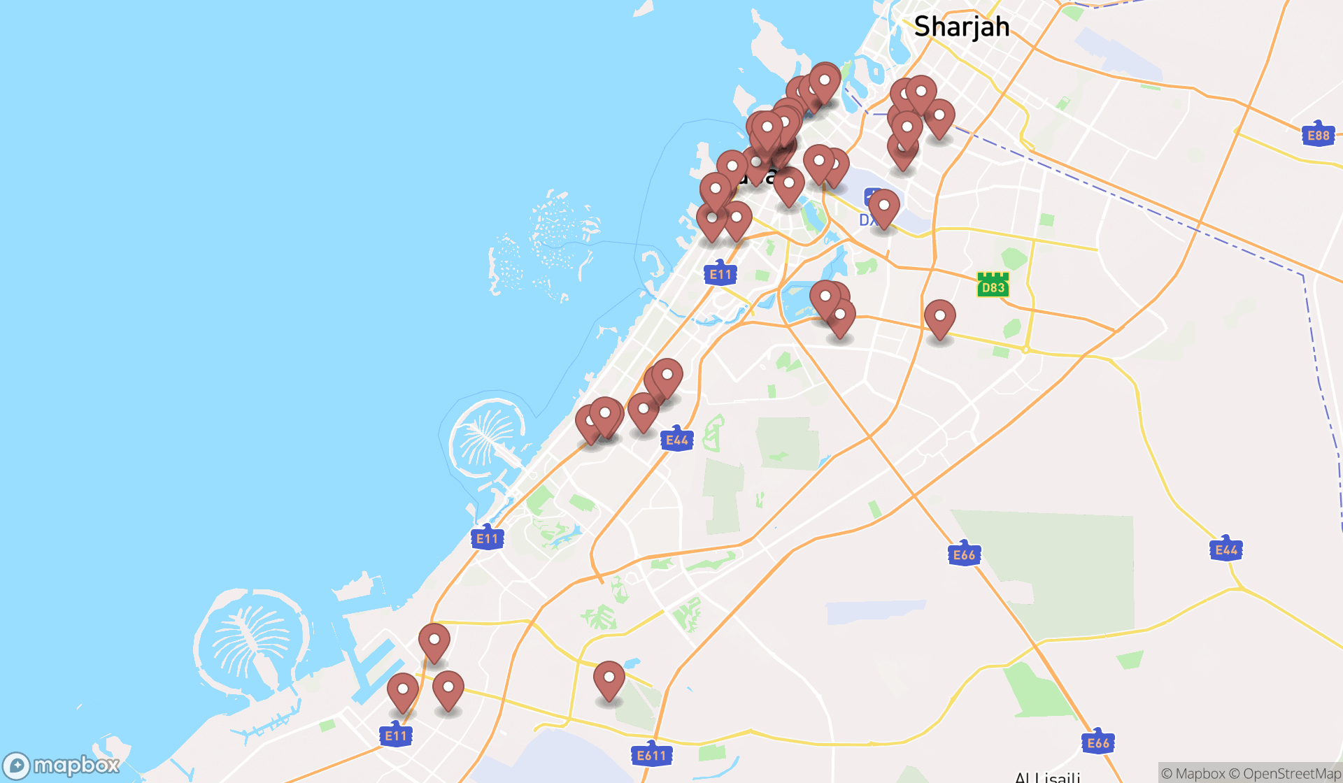 Map showing the search results in Dubai